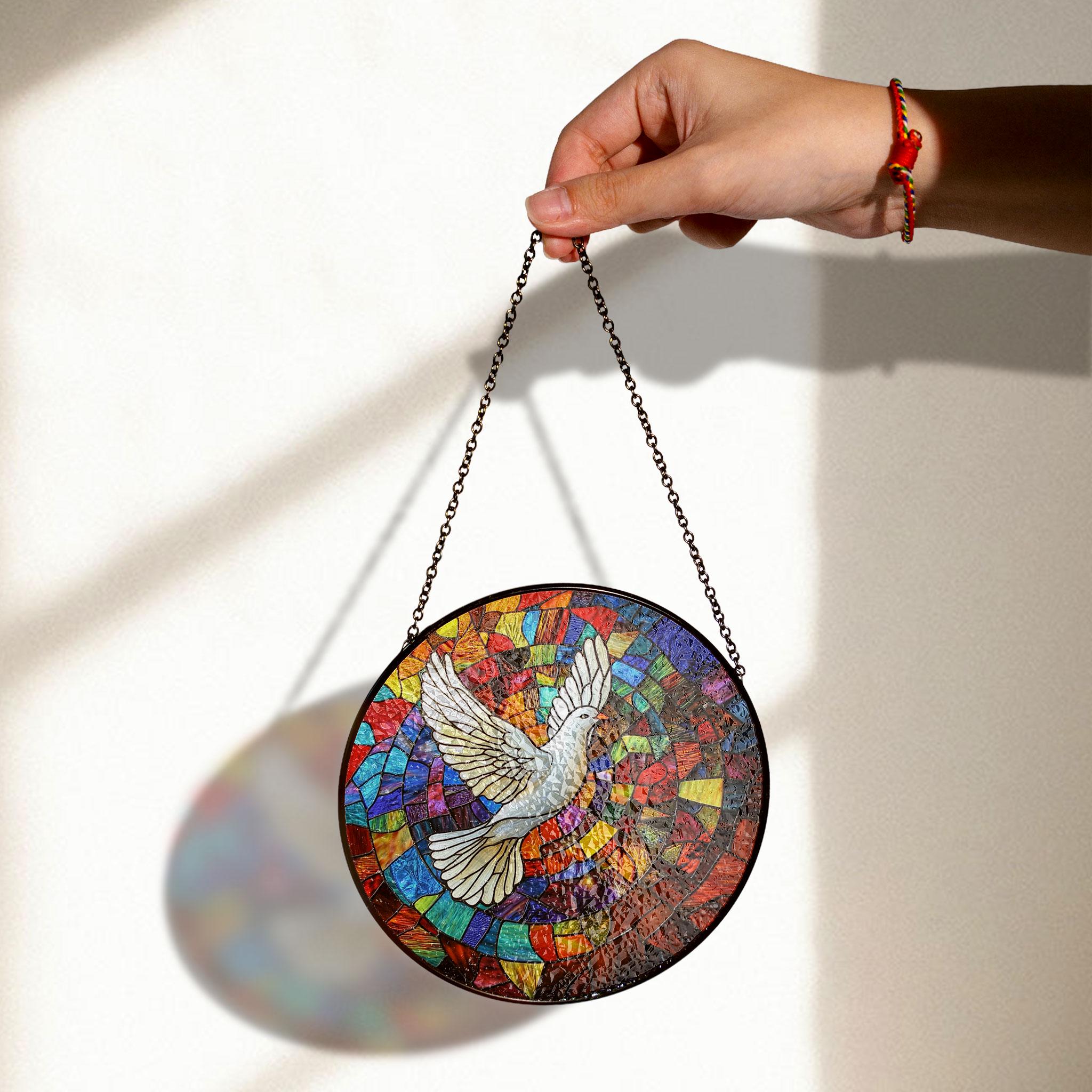 Peace Dove Stained Glass Panel - Vibrant Multicolor Design Circular Window Hanging , Colorful Acrylic Light Catcher, Stained Glass Effect Suncatcher, Handmade Window Decoration Gift