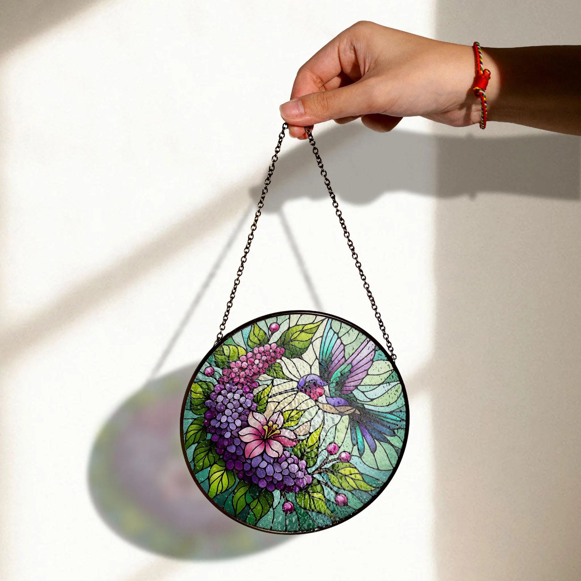 Hummingbird and Lilac Stained Glass Suncatcher, Floral Window Hanging, Nature Stained Glass Decor, Bird Lover Gift, Botanical Home Accent, Colorful Stained Glass Effect Suncatcher, Acrylic Window Hanging Art, Bright Home Accent, Gift for Home Lovers