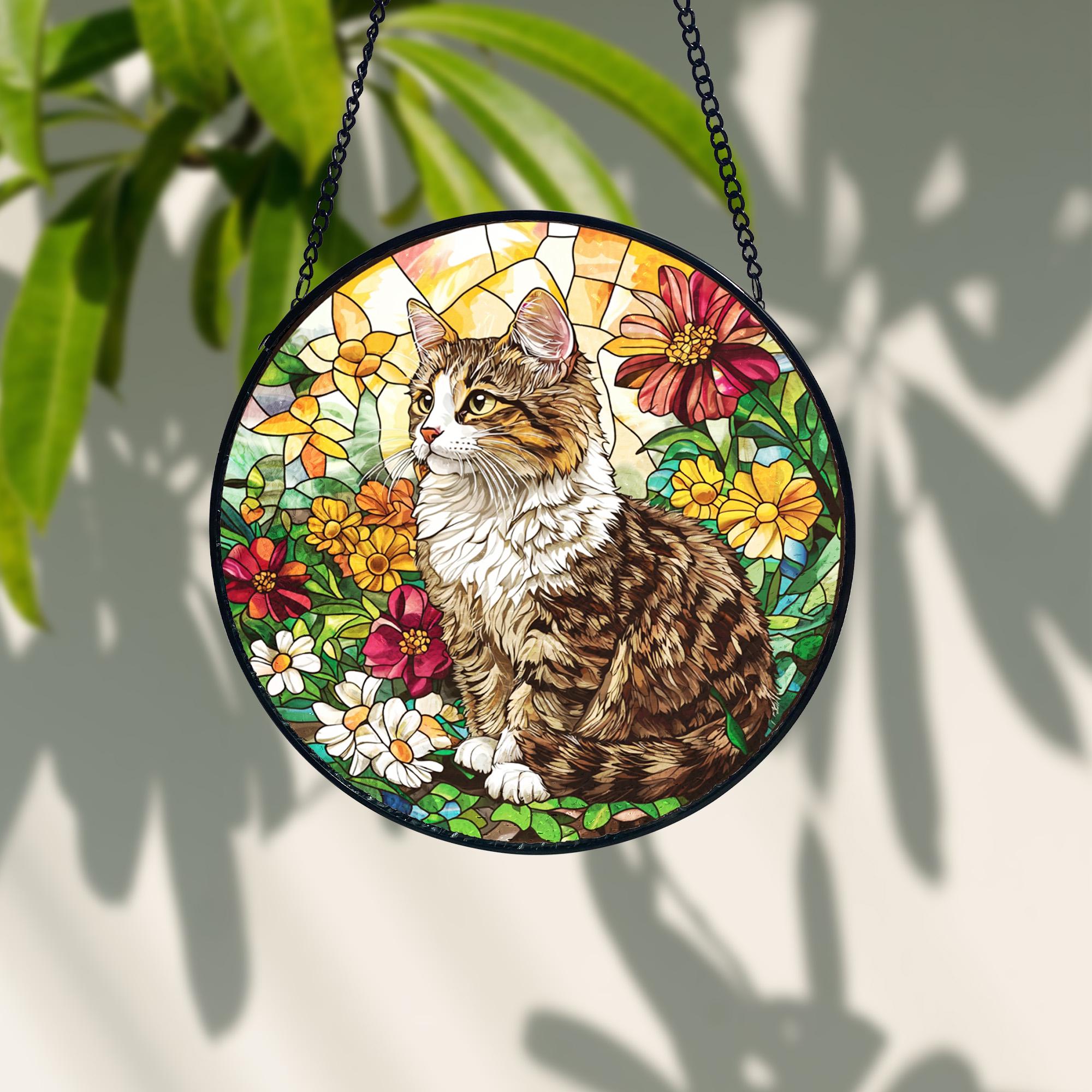 Tabby Cat Stained Glass Suncatcher_ Handmade Feline Window Decor, Decorative Stained Glass Style Suncatcher, Acrylic Window Art Panel, Sun Catcher Hanging Ornament, Unique Home Accent, andmade Home Decoration