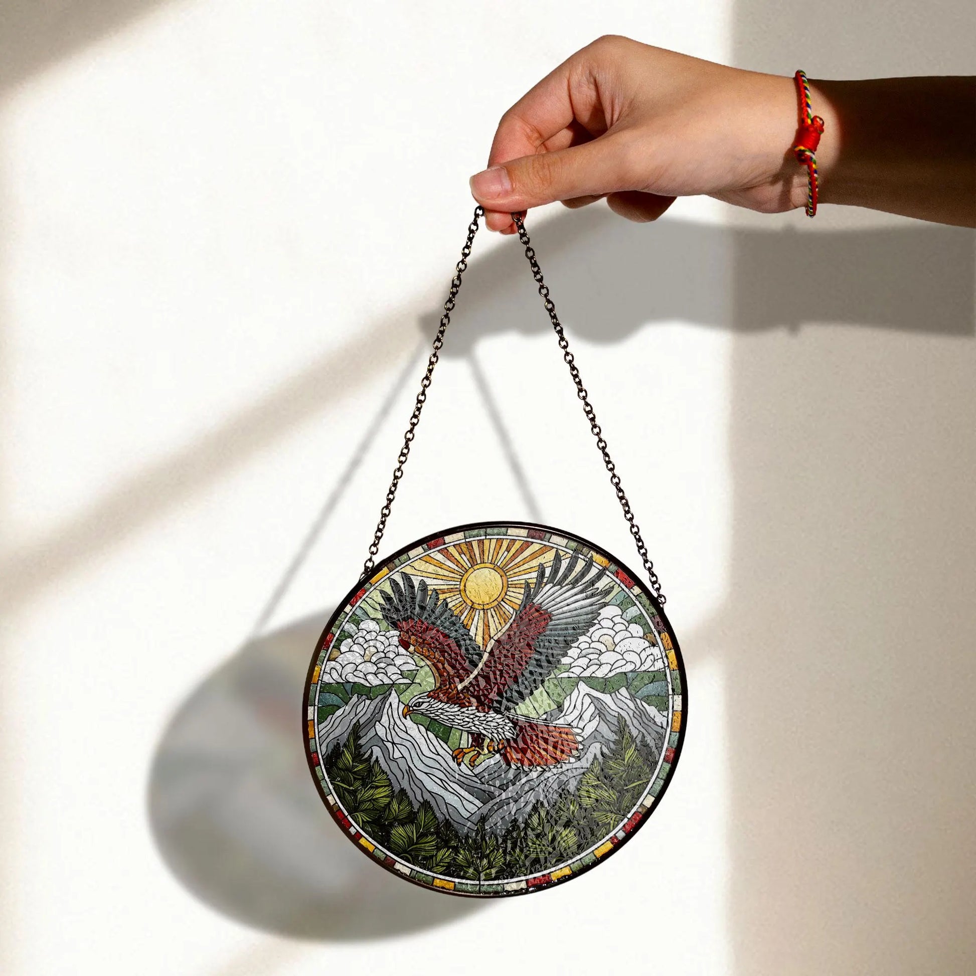 Red-tailed Hawk Stained Glass Suncatcher, Mountain Scene Wall Decor, Rustic Wildlife Style, Nature Lover Gift, Home Accent, Acrylic Stained Glass Inspired Suncatcher, Decorative Window Hanging, Artistic Home Decoration