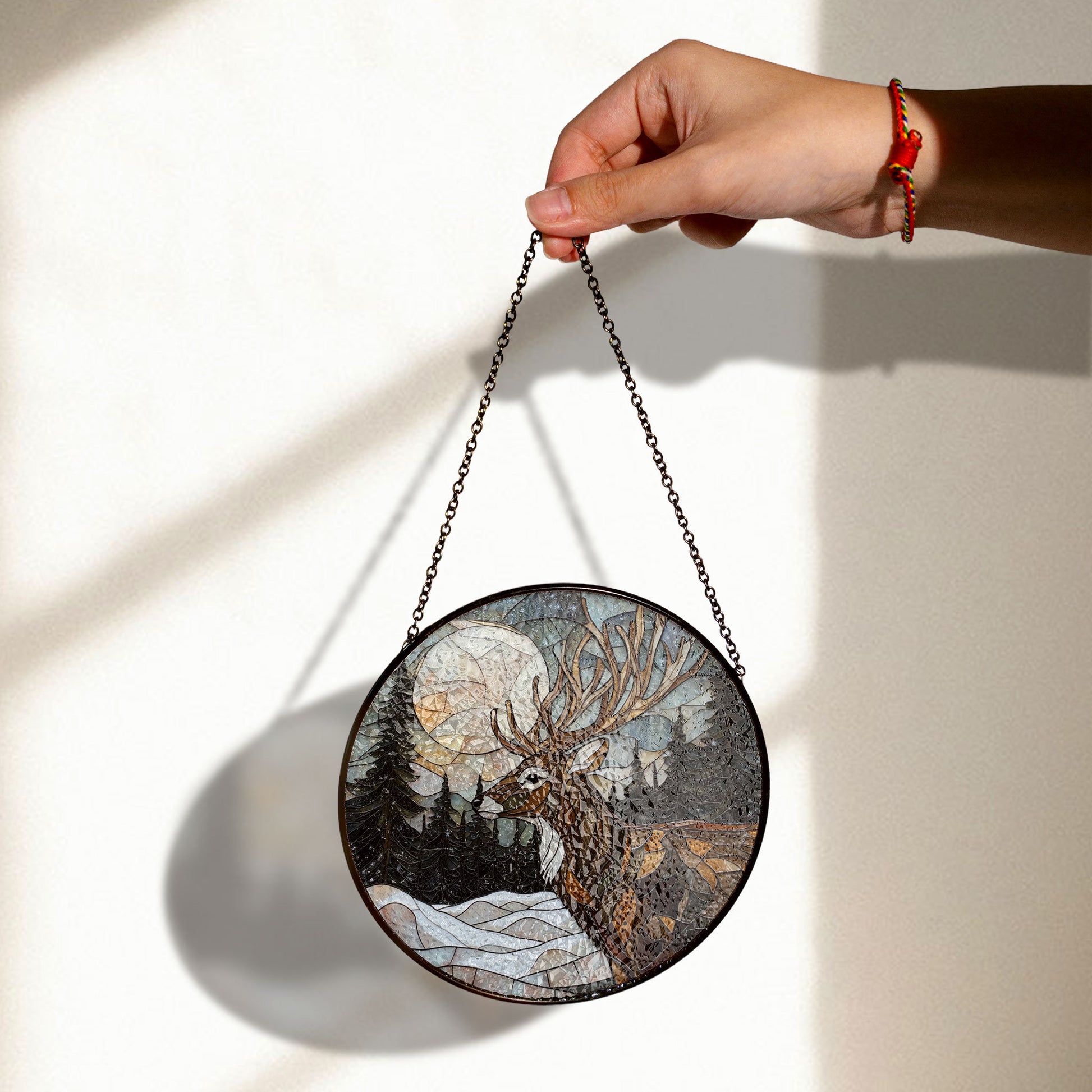 Majestic Deer and Full Moon Stained Glass Window Hanging - Winter Forest Suncatcher, Acrylic Boho Window Suncatcher, Stained Glass Look Panel, Artistic Light Catcher, Handmade Home Accent