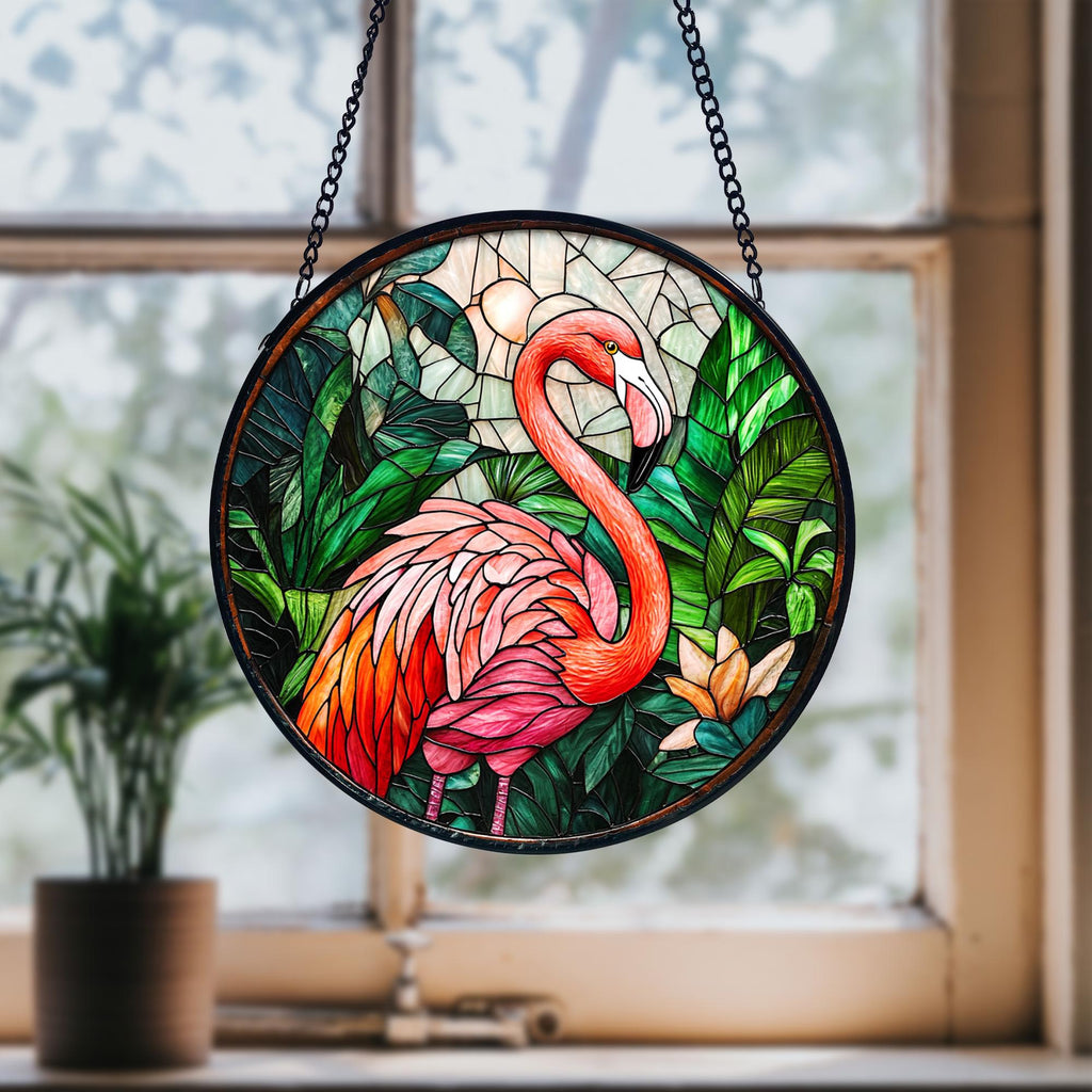 Stained Glass Flamingo Suncatcher_ Tropical Home Decor, Stained Glass Style Clover Window Suncatcher, Acrylic Lucky Hanging Decor, Four Leaf Sun Catcher, Green Home Ornament