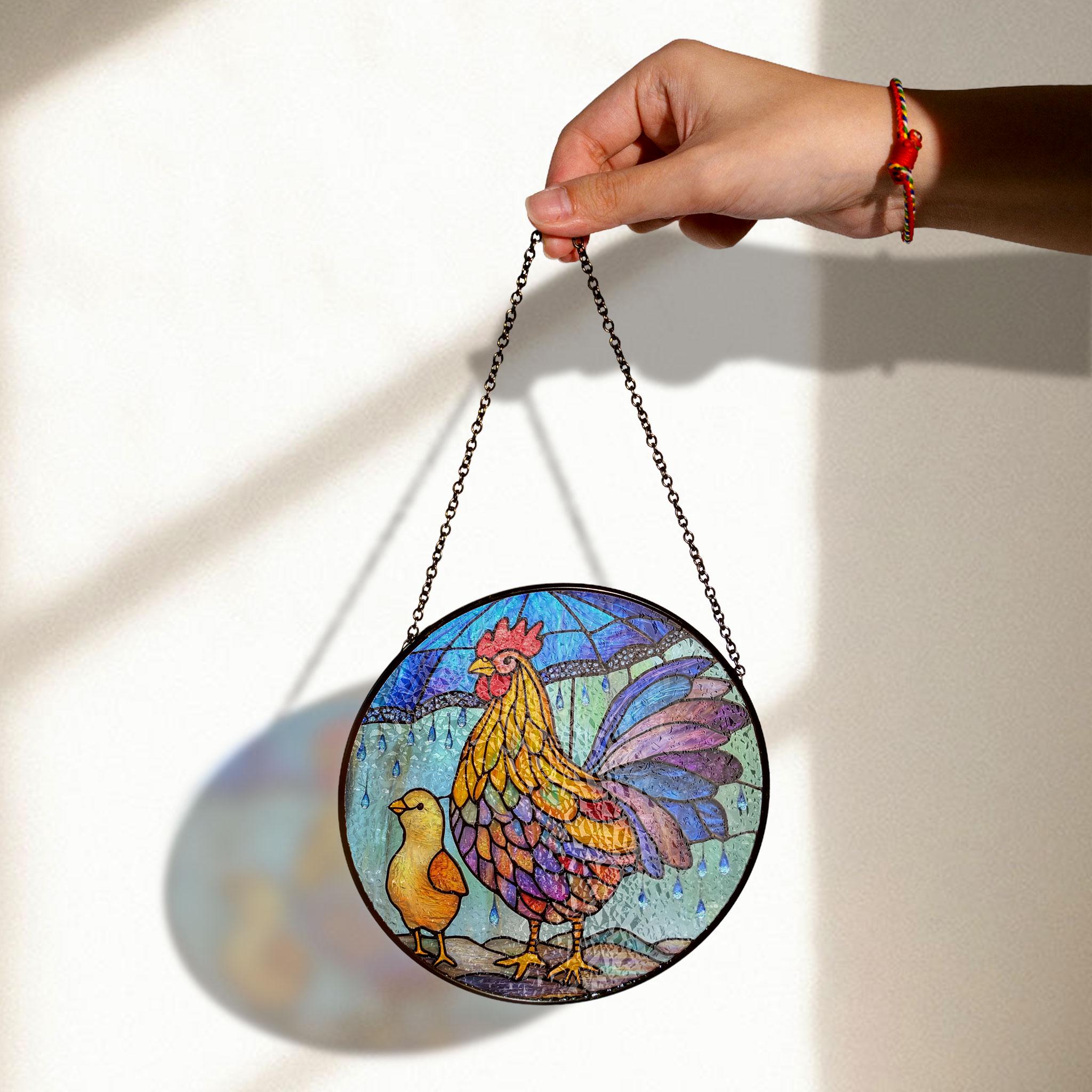 Rooster and Chick Stained Glass Art for Window Hanging Decor, Decorative Stained Glass Style Suncatcher, Acrylic Window Art Panel, Sun Catcher Hanging Ornament, Unique Home Accent, andmade Home Decoration