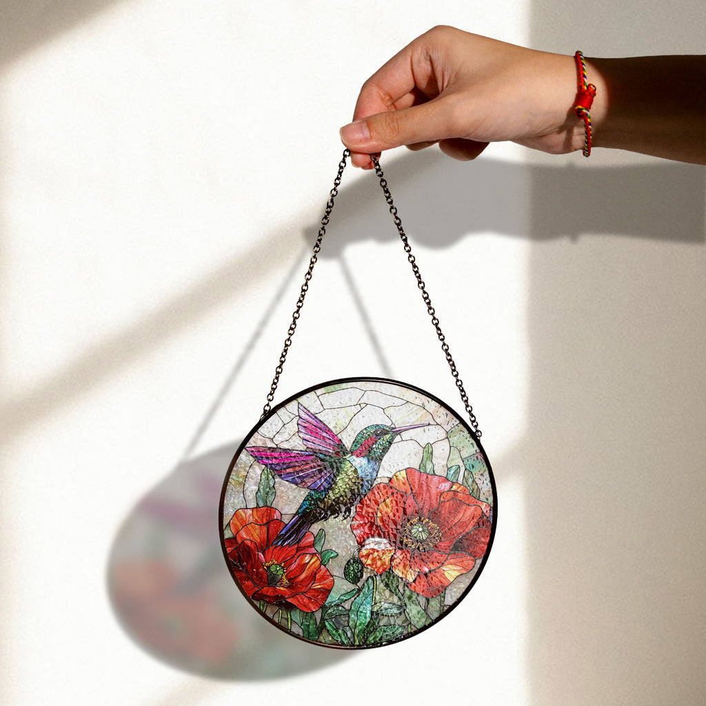 Hummingbird Stained Glass Suncatcher, Poppy Flower Glass Art, Unique Window Hanging, Bird Lover Gift, Hummingbird Wall Decor for Home , Vibrant Acrylic Sun Catcher Hanging, Stained Glass Look Window Decor, Decorative Home Accent Gift