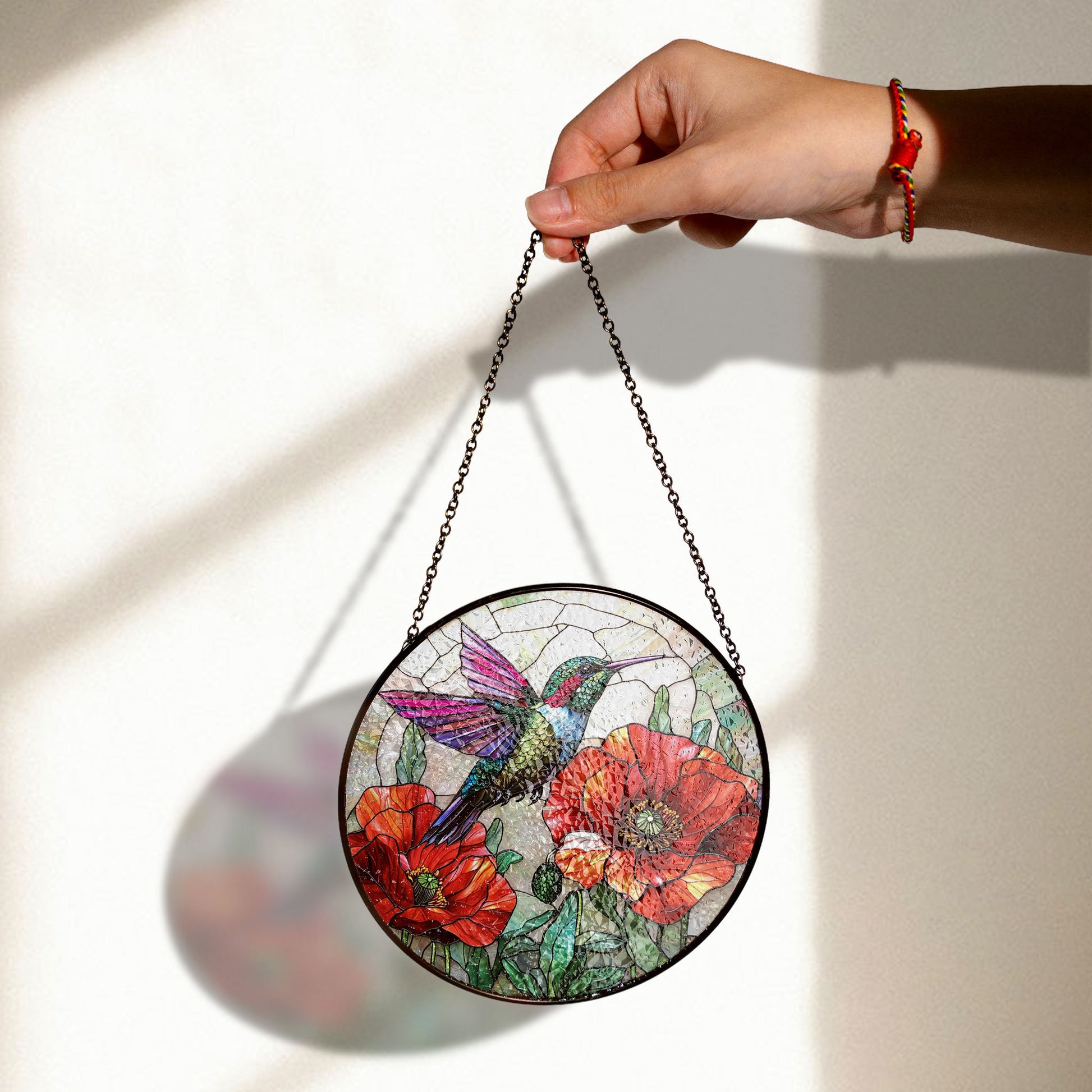 Hummingbird Stained Glass Suncatcher, Poppy Flower Glass Art, Unique Window Hanging, Bird Lover Gift, Hummingbird Wall Decor for Home , Vibrant Acrylic Sun Catcher Hanging, Stained Glass Look Window Decor, Decorative Home Accent Gift
