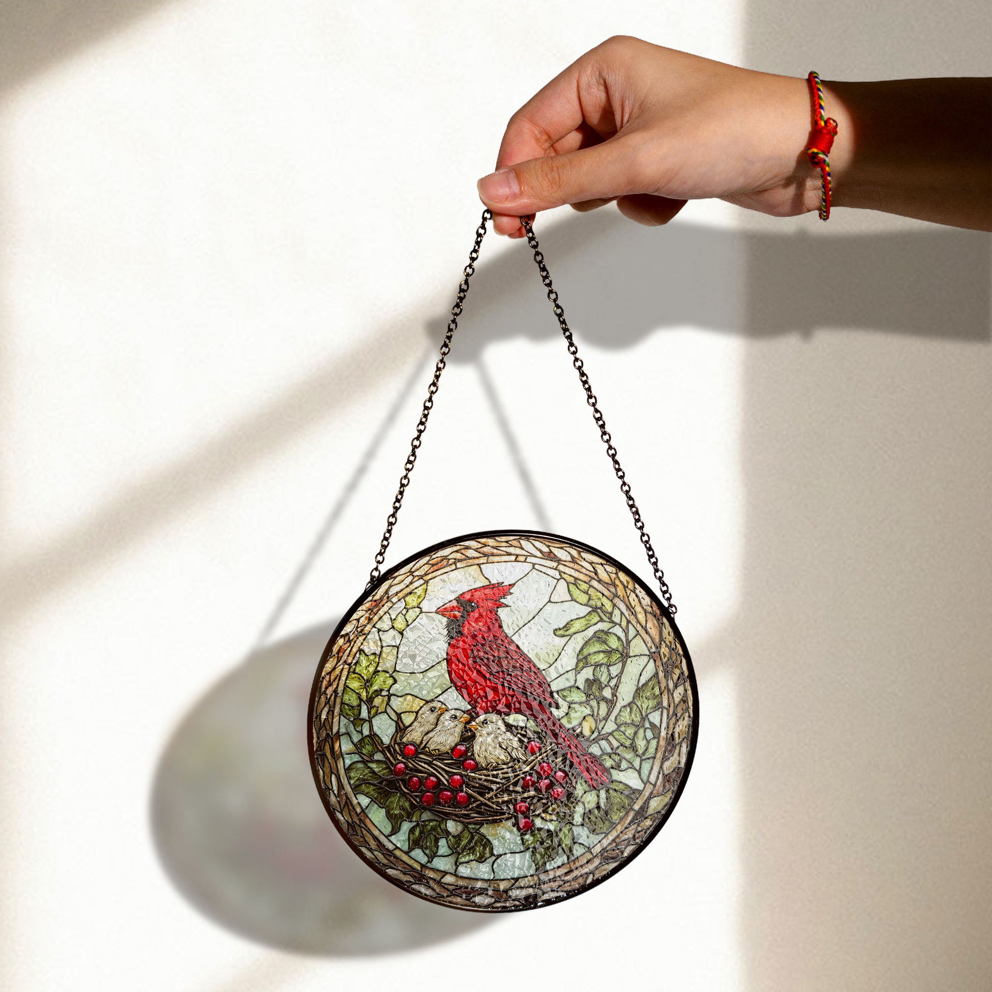 Stained Glass Cardinal With Nest Window Hanging, Perfect Nature-inspired Gift for Bird Lovers, Colorful Acrylic Light Catcher, Stained Glass Effect Suncatcher, Handmade Window Decoration Gift