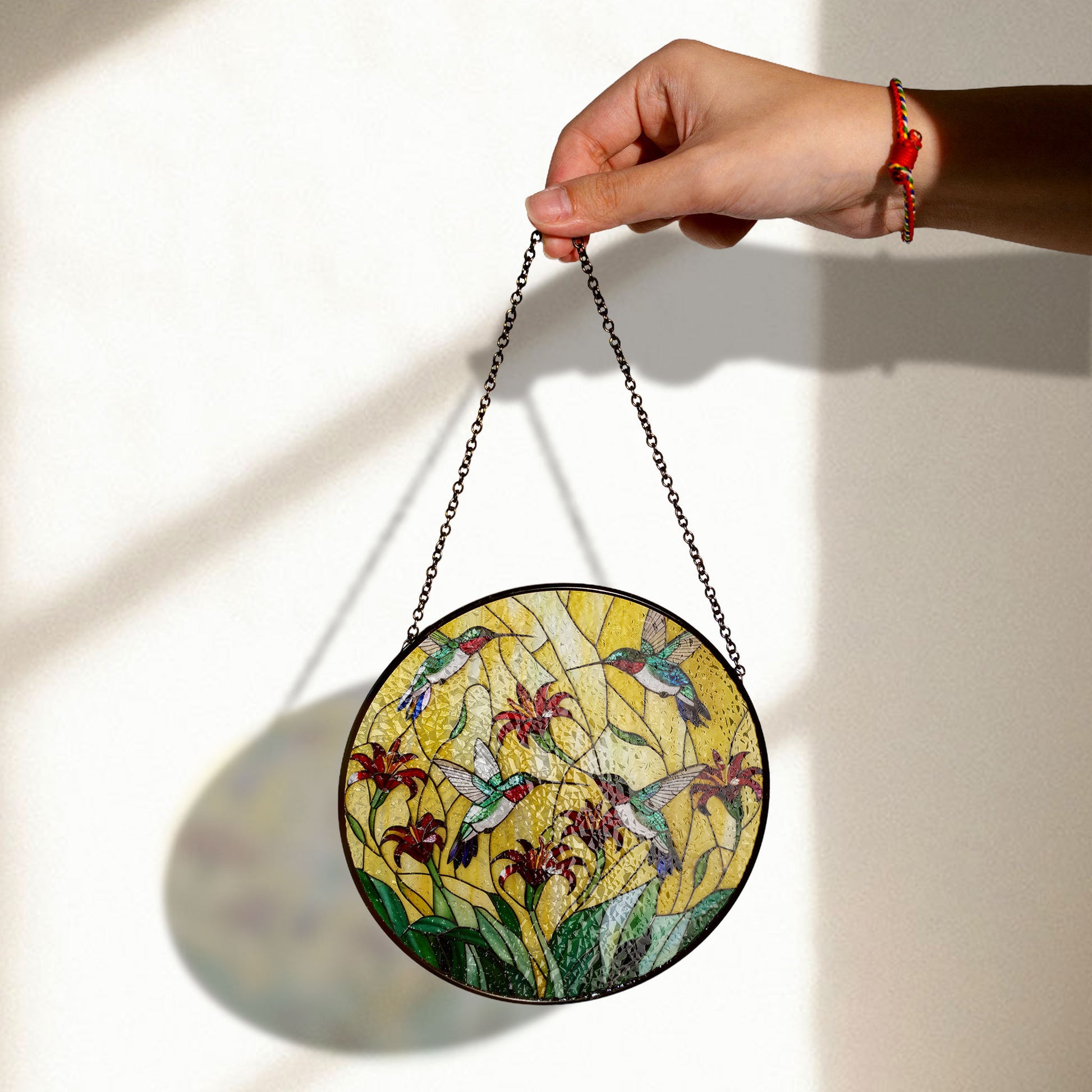Stained Glass Hummingbird Suncatcher With Red Lilies - Elegant Window Hanging Art Decor, Stained Glass Style Window Decor, Acrylic Hanging Suncatcher, Sunlit Light Catcher, Unique Artisan Gift