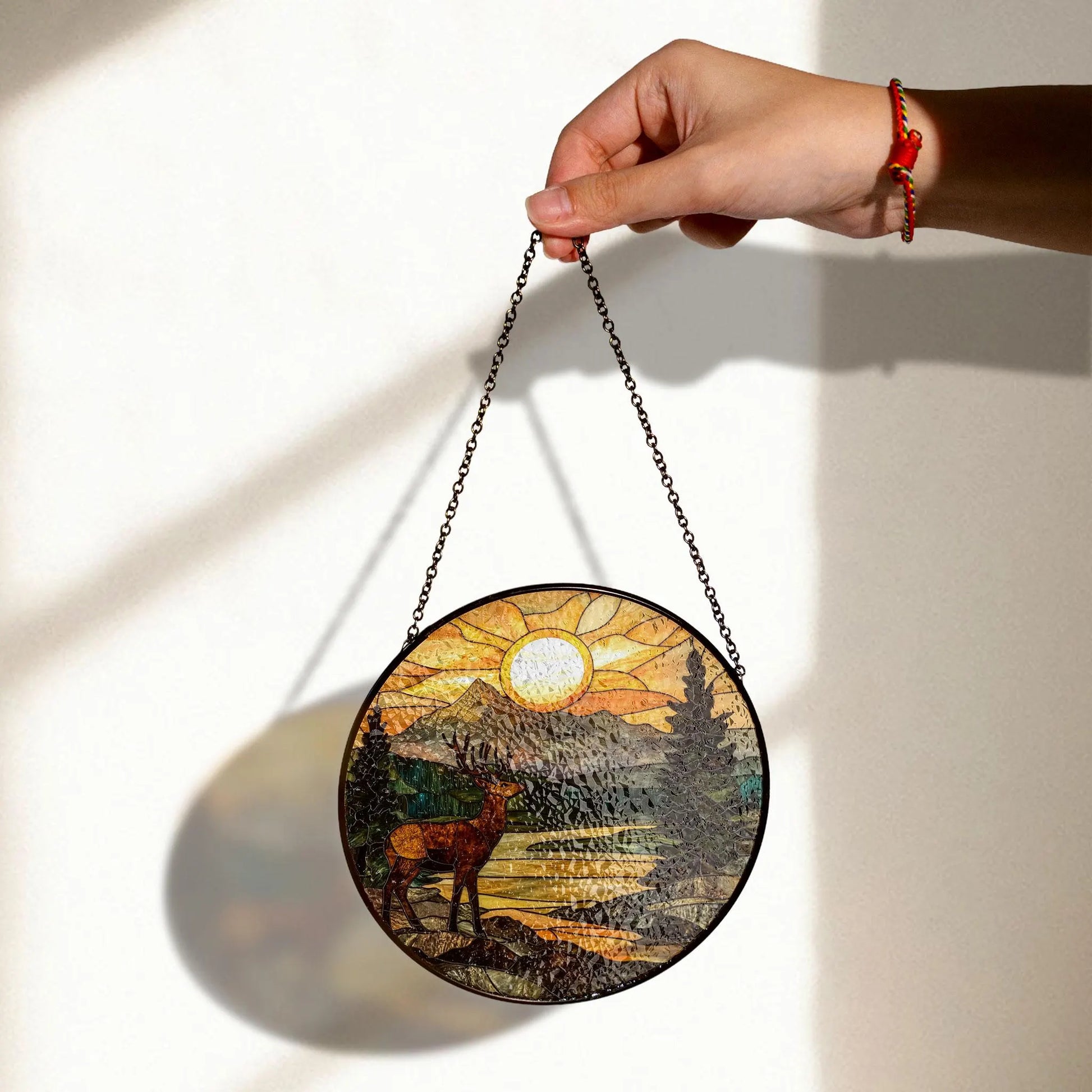 Deer Stained Glass Window Hanging - Serene Sunset Nature Art Decor, Stained Glass Effect Acrylic Suncatcher, Window Hanging Decoration, Colorful Sunlit Home Accent, Handmade Gift
