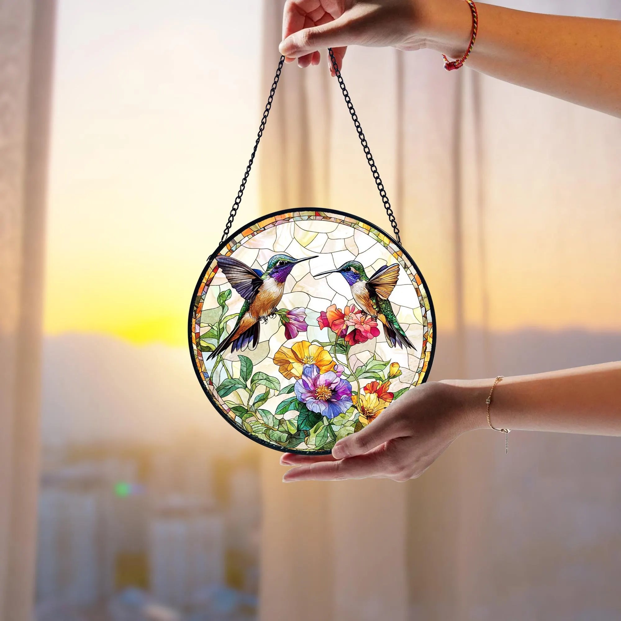 Hummingbird Stained Glass Suncatcher_ Handmade Floral Window Hanging, Acrylic Stained Glass Window Art, Handmade Sun Catcher Hanging Decor, Colorful Light Reflecting Panel, Unique Gift for Home
