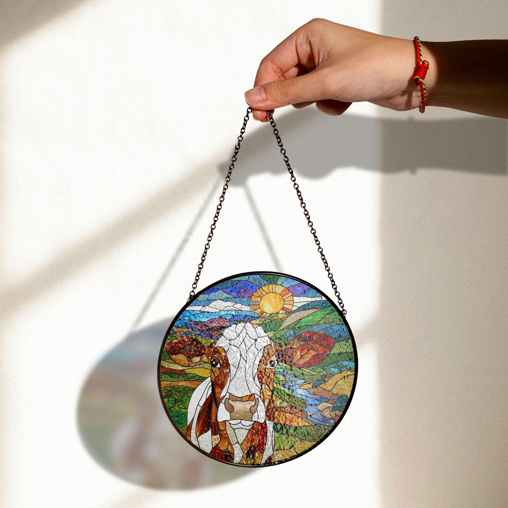Colorful Cow Stained Glass Panel With Countryside Landscape and Sun, Perfect Farmhouse Decor or Window Display, Handmade Acrylic Suncatcher Window Hanging, Stained Glass Look Decor, Colorful Light Catcher, Unique Home Gift