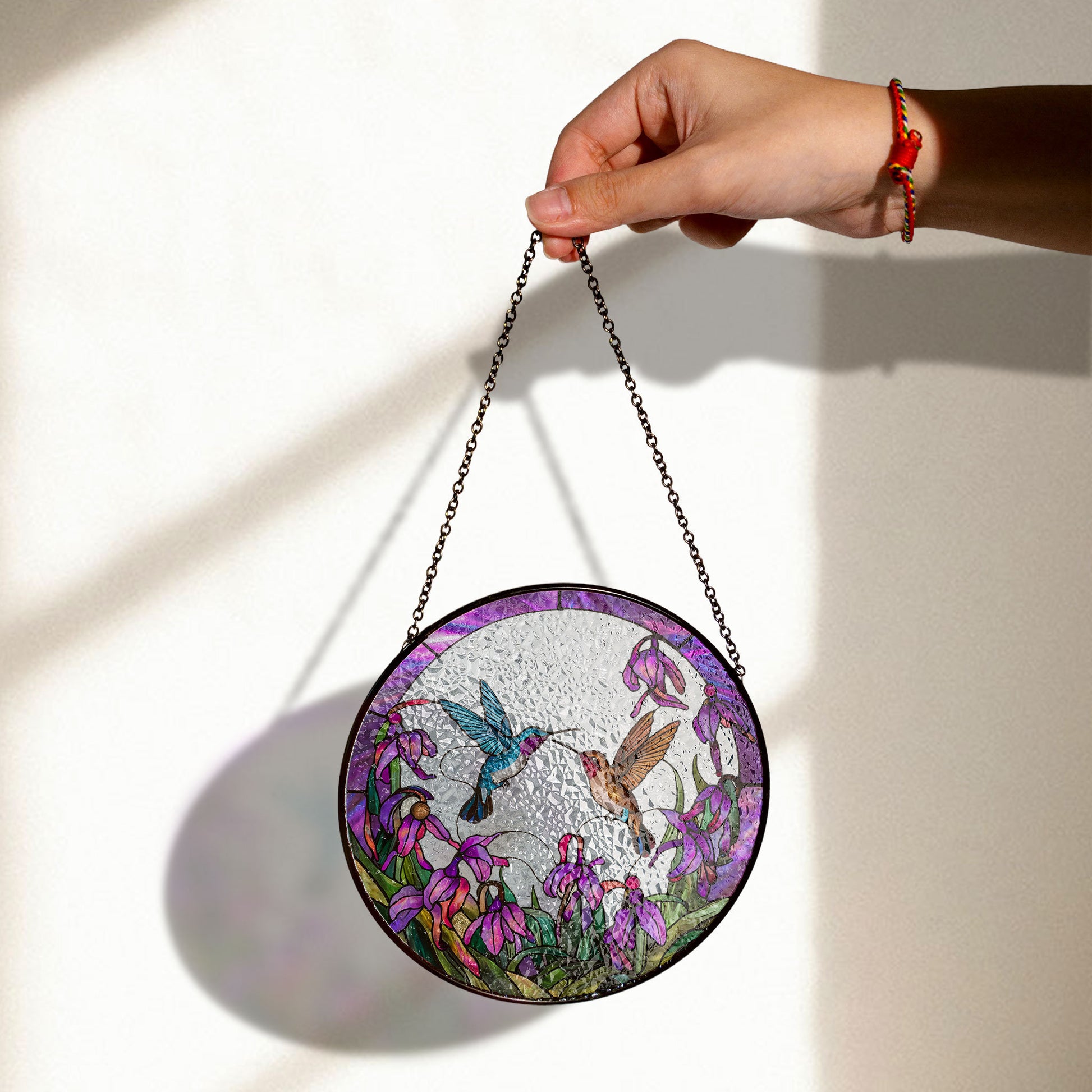 Beauty Hummingbird Stained Glass Suncatcher – Floral Design With Iridescent Purple Accents , Colorful Acrylic Light Catcher, Stained Glass Effect Suncatcher, Handmade Window Decoration Gift