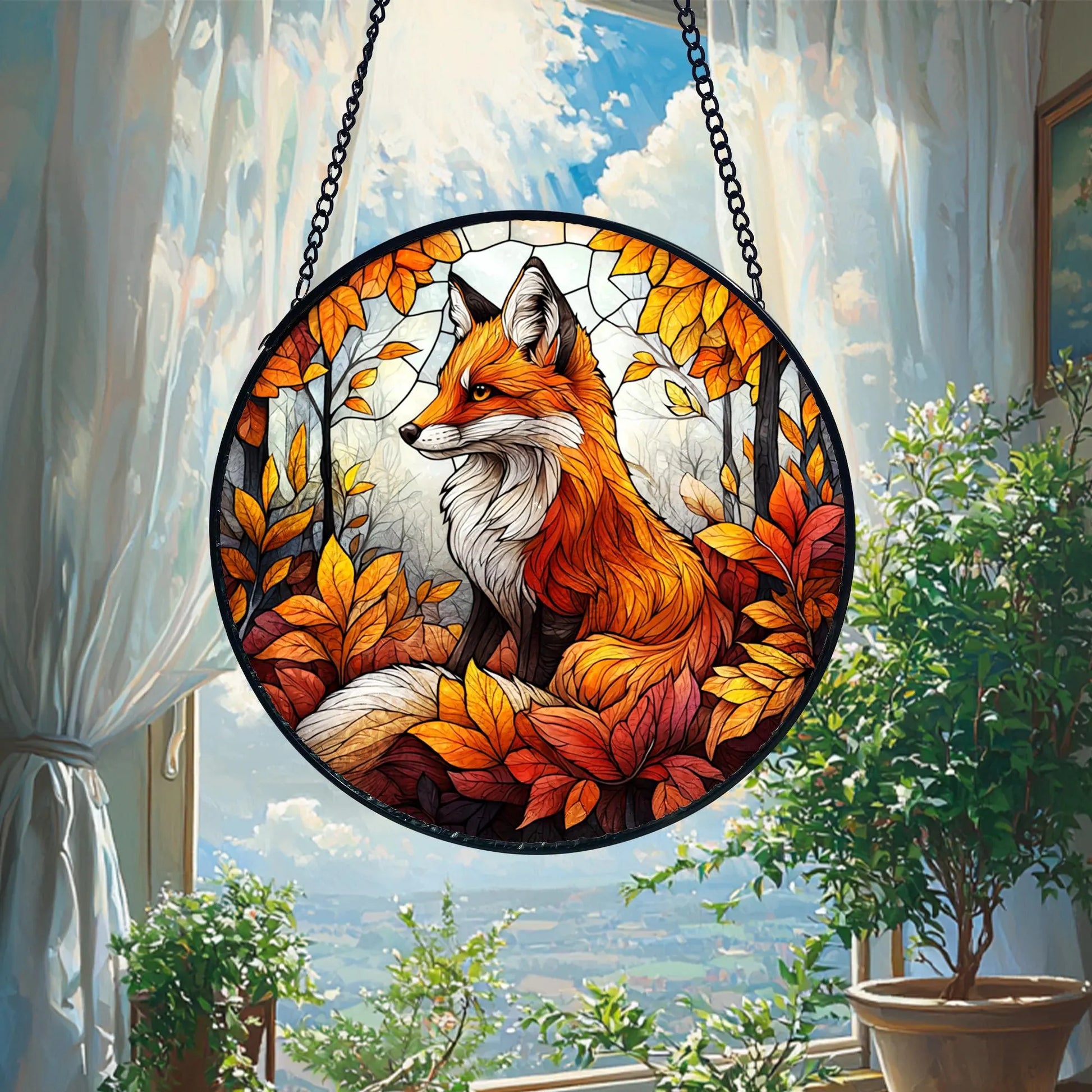 Fox Stained Glass Suncatcher_ Wildlife Window Hanging, Colorful Sun Catcher Ornament, Boho Window Decoration, Unique Gift
