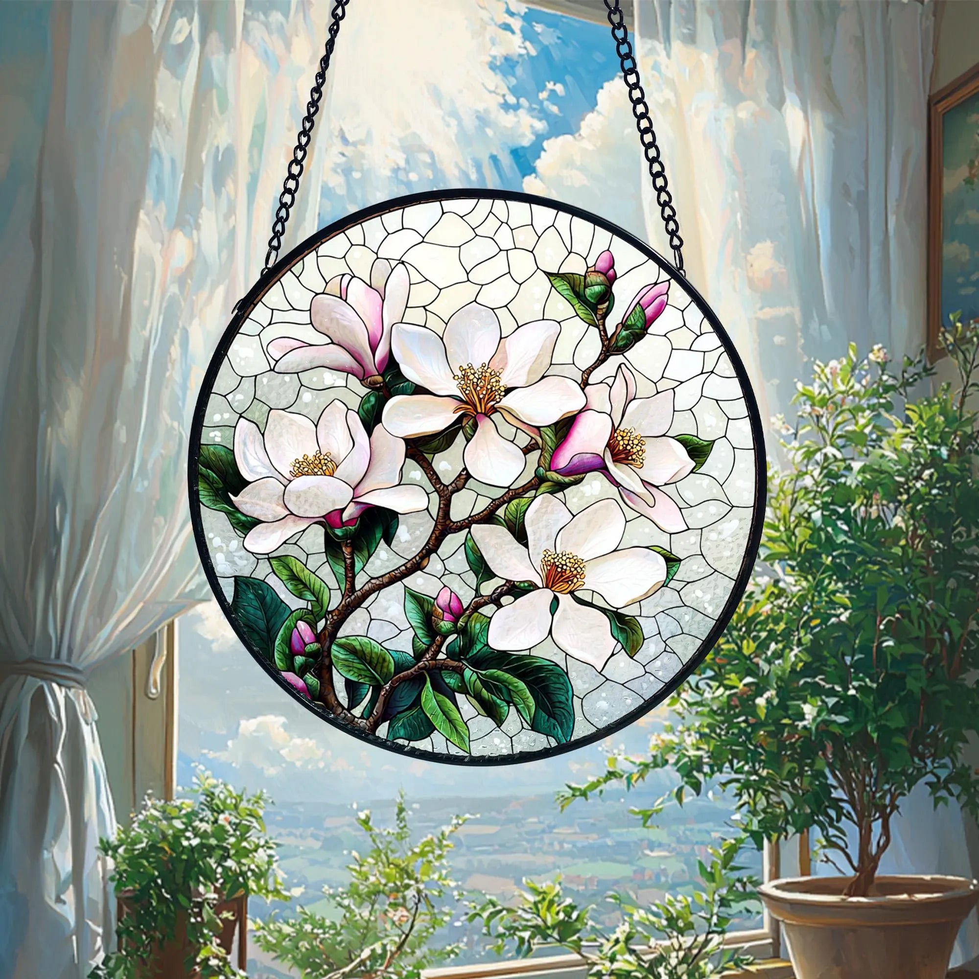 Handmade White Magnolia Stained Glass Suncatcher_ Floral Window Art, Handcrafted Stained Glass Suncatcher, Vibrant Window Art Panel, Sunlit Light Catcher Decoration, Boho Room Decor, Gift for Home Lovers