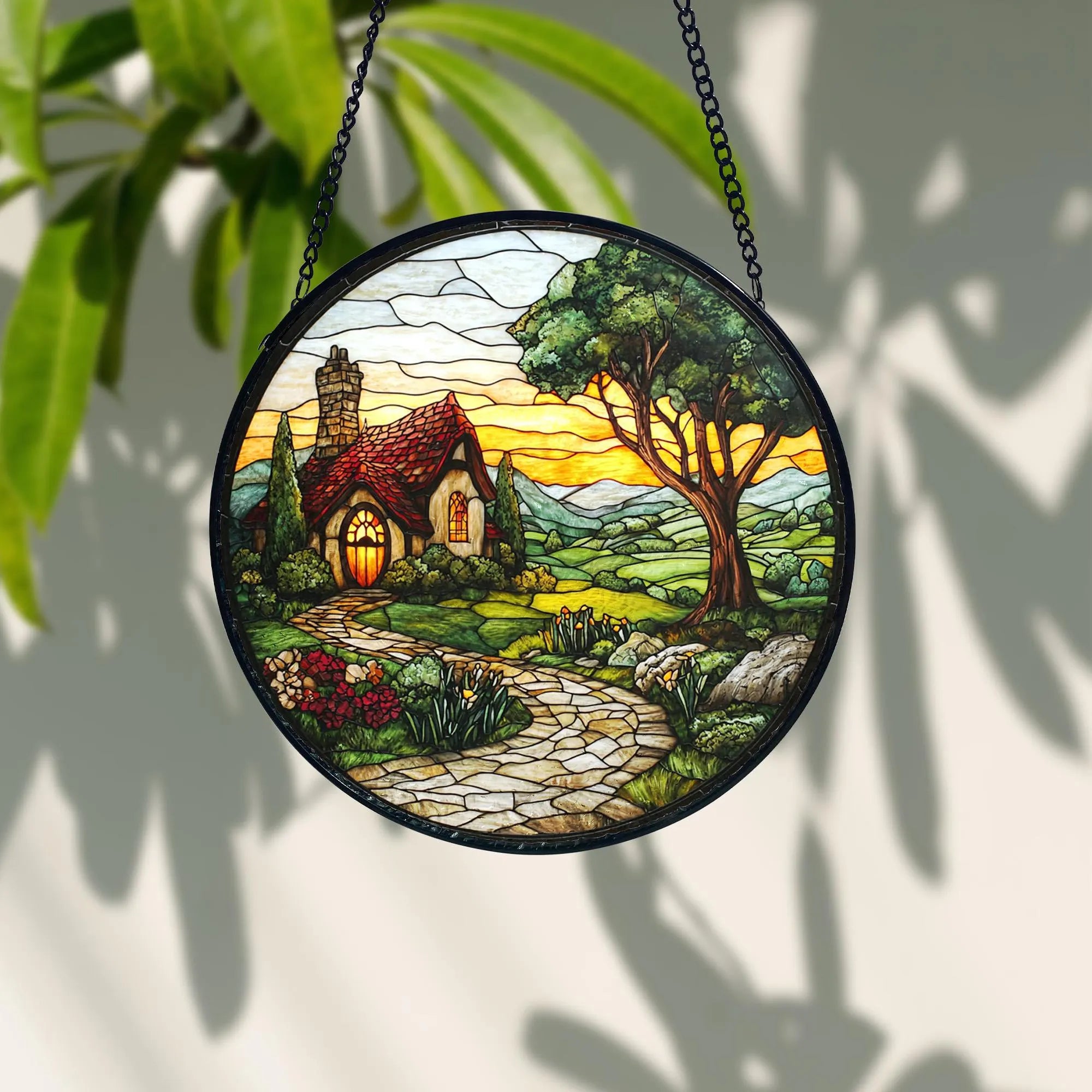 Mushroom Stained Glass Suncatcher_ Sunset Window Hanging Art, Artistic Stained Glass Acrylic Panel, Window Light Catcher Hanging, Colorful Home Decor Accent, Handmade Gift for Any Occasion