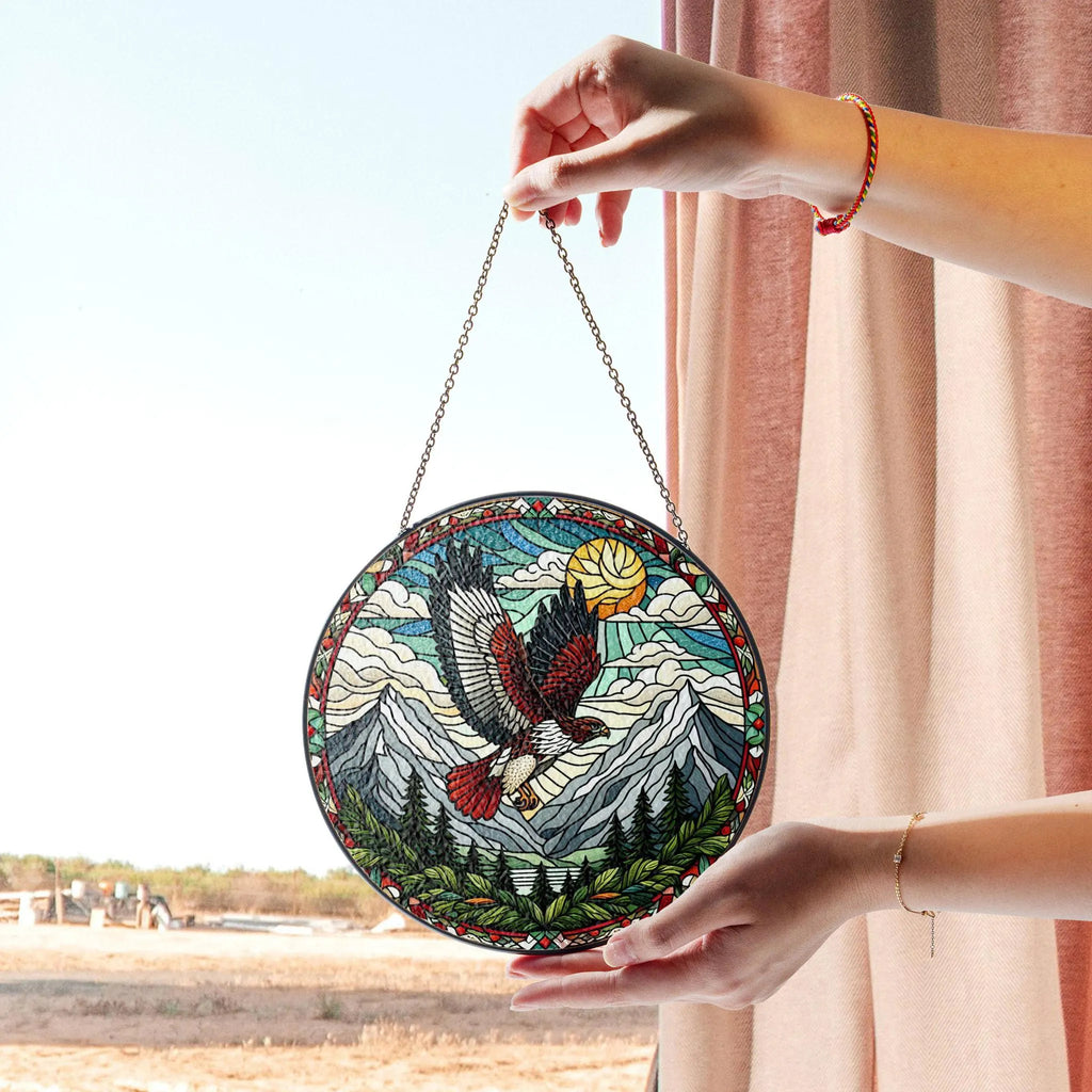 Red-tailed Hawk Stained Glass Suncatcher, Soaring Bird Art for Window Display, Nature Wildlife Theme, Gift for Him Birdwatcher, Acrylic Light Catcher Window Hanging, Stained Glass Style Ornament, Artistic Home Decor Gift