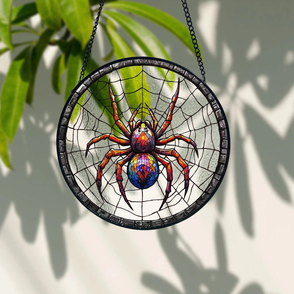 Stained Glass Spider Suncatcher_ Halloween Window Decoration, Stained Glass Style Clover Window Suncatcher, Acrylic Lucky Hanging Decor, Four Leaf Sun Catcher, Green Home Ornament