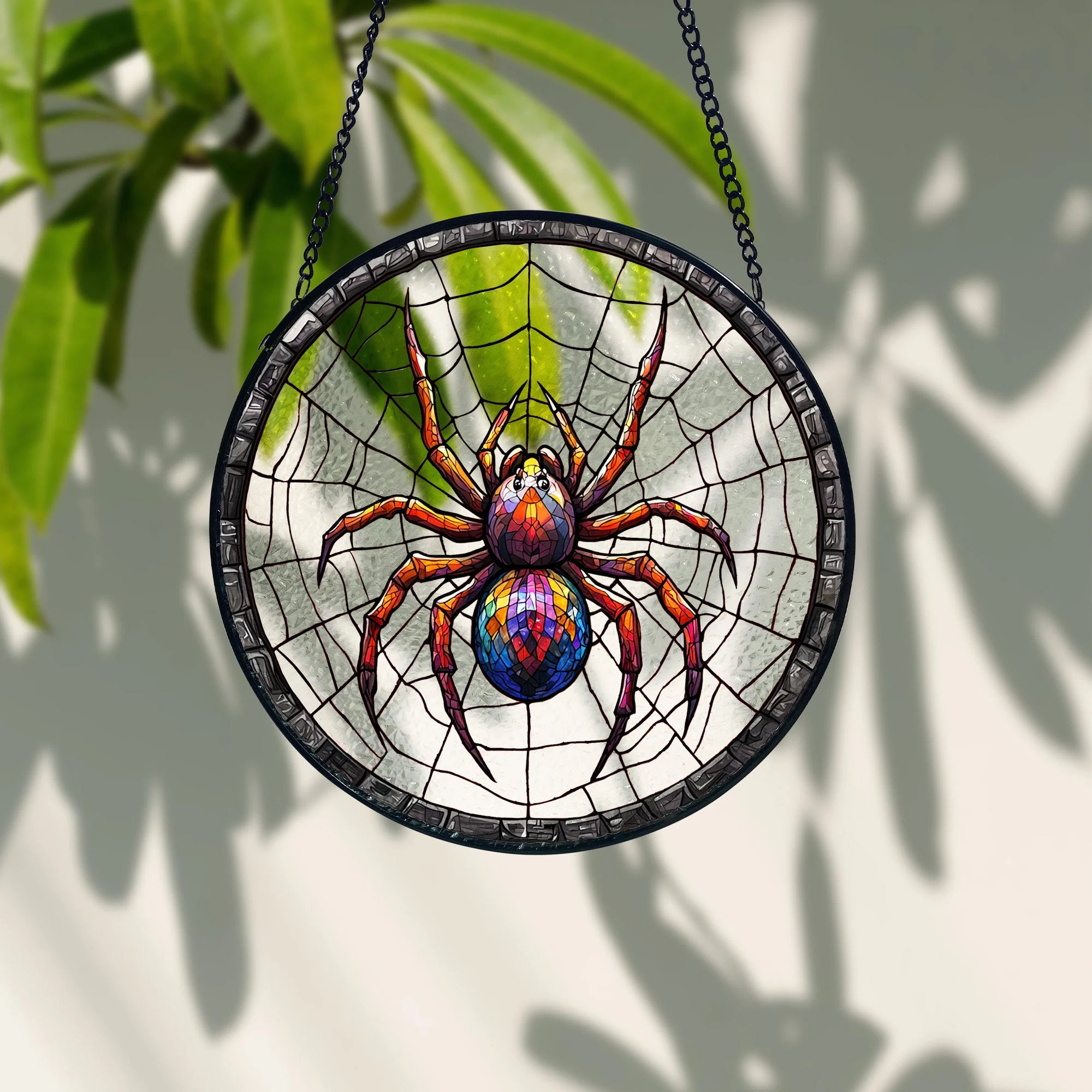 Stained Glass Spider Suncatcher_ Halloween Window Decoration, Stained Glass Style Clover Window Suncatcher, Acrylic Lucky Hanging Decor, Four Leaf Sun Catcher, Green Home Ornament