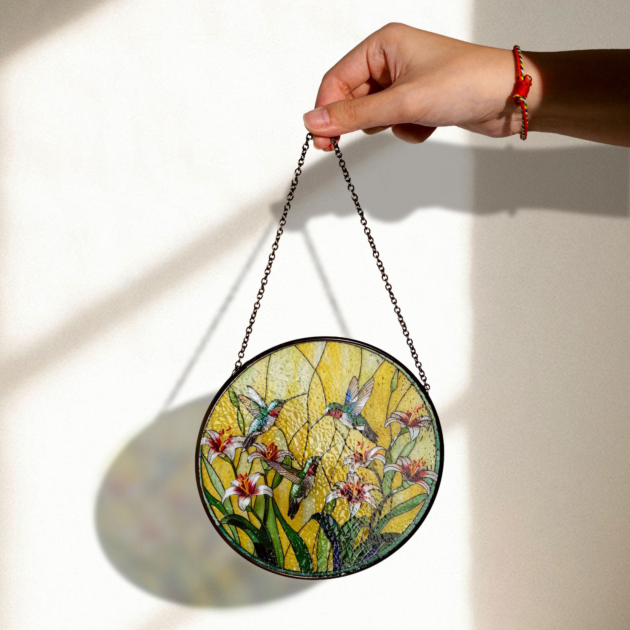 Vibrant Stained Glass Hummingbird Suncatcher With White Lilies - Beautiful Window Hanging for Home Decor, Stained Glass Style Window Decor, Acrylic Hanging Suncatcher, Sunlit Light Catcher, Unique Artisan Gift