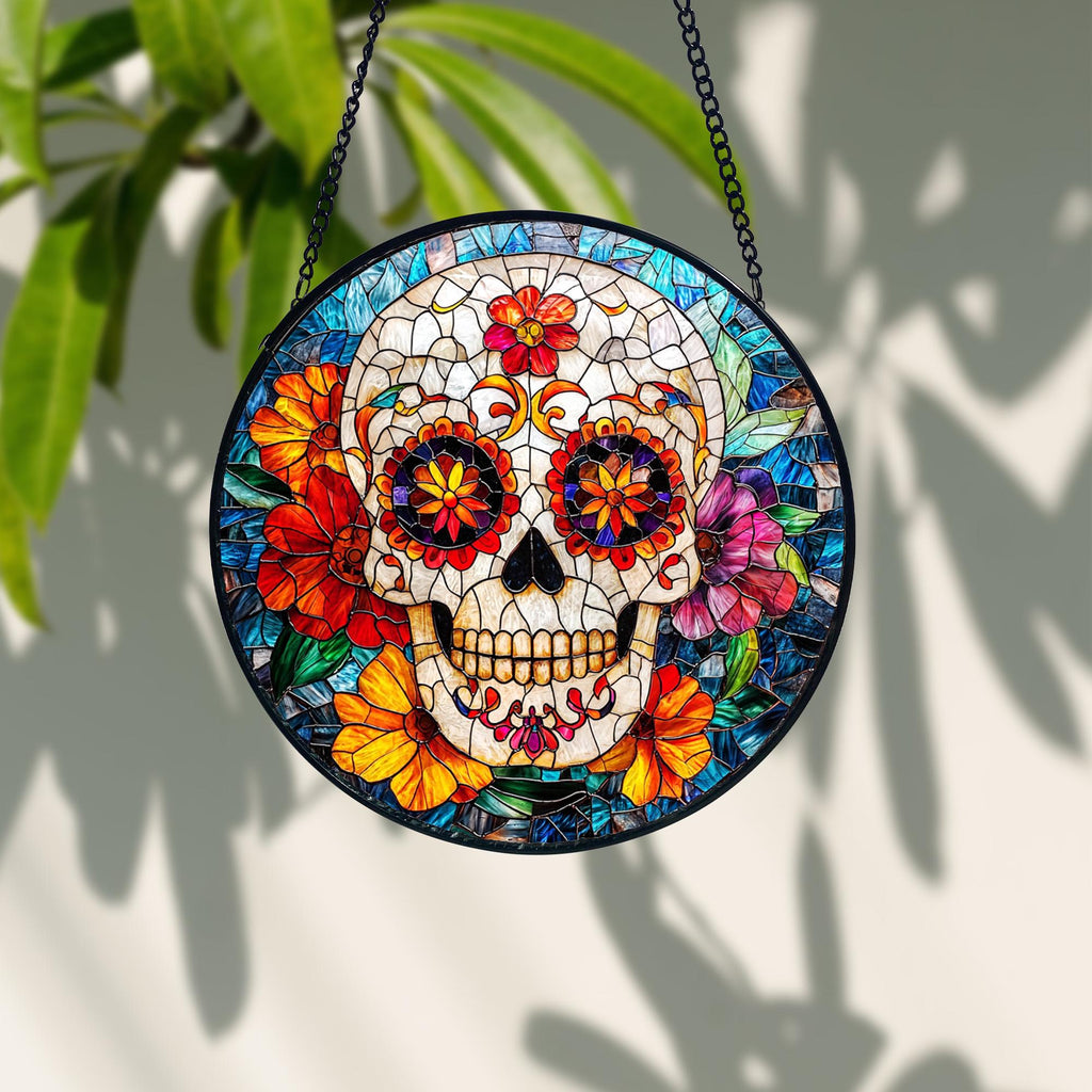 Sugar Skull Stained Glass Window Hanging_ Dia De Los Muertos Decor, Acrylic Stained Glass Clover Suncatcher, Lucky Window Hanging, Boho Green Ornament, Unique Artisan Home Decor