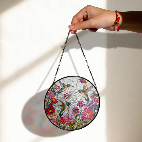 Beauty Hummingbirds & Wildflowers Stained Glass Suncatcher - Nature-inspired Window Art, Colorful Stained Glass Effect Suncatcher, Acrylic Window Hanging Art, Bright Home Accent, Gift for Home Lovers