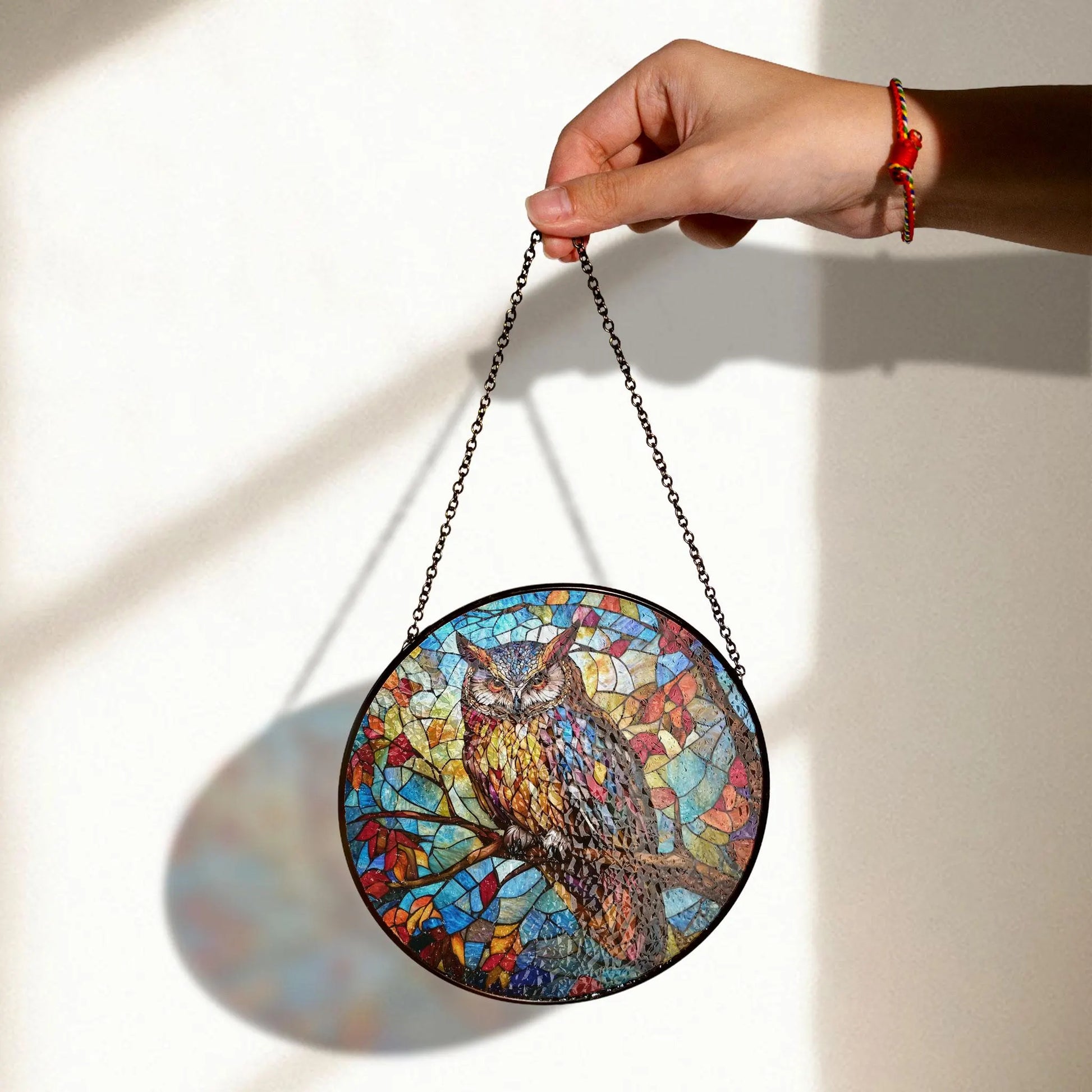 Majestic Stained Glass Owl Panel - Colorful Owl Design With Autumn Leaves, Acrylic Stained Glass Inspired Suncatcher, Decorative Window Hanging, Artistic Home Decoration
