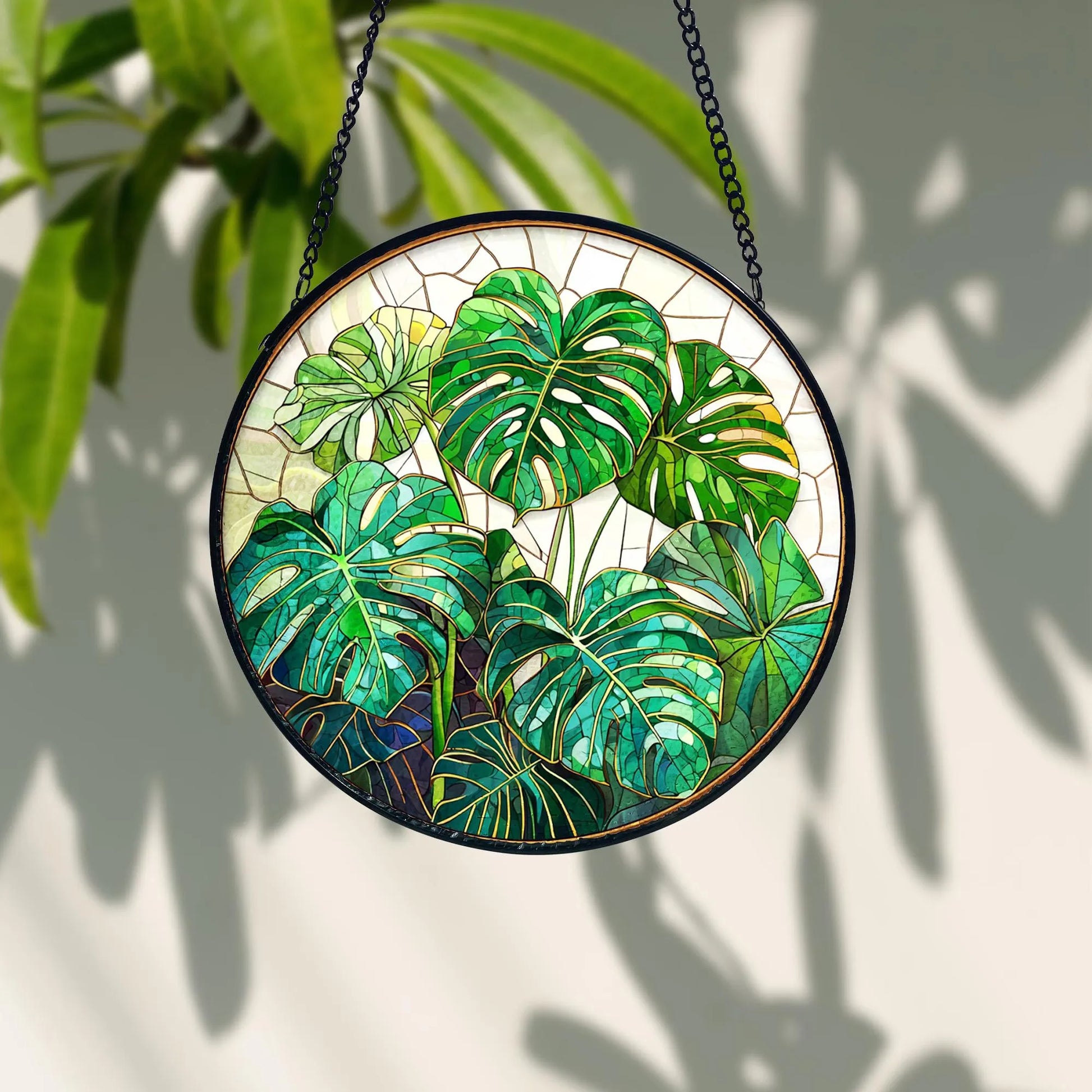 Handmade Monstera Stained Glass Suncatcher_ Botanical Window Decor, Stained Glass Acrylic Suncatcher, Vibrant Window Hanging Art, Colorful Light Catcher Decor, Boho Window Ornament, Unique Home Gift