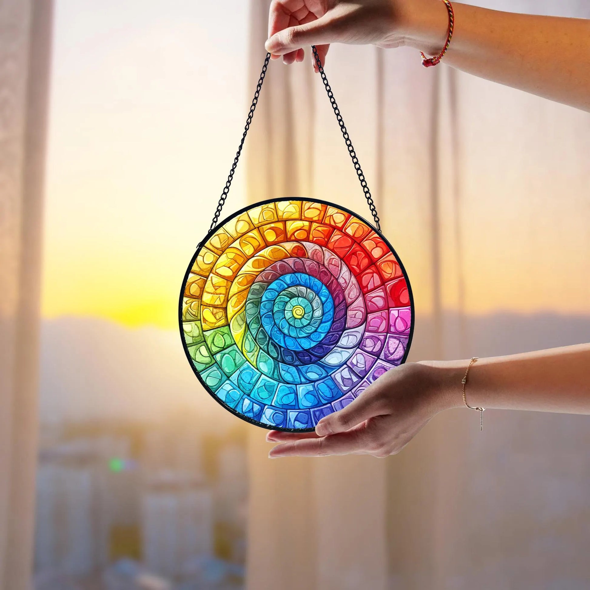 Rainbow Spiral Stained Glass Suncatcher_ Handmade Window Hanging, Artistic Stained Glass Acrylic Panel, Window Light Catcher Hanging, Colorful Home Decor Accent, Handmade Gift for Any Occasion