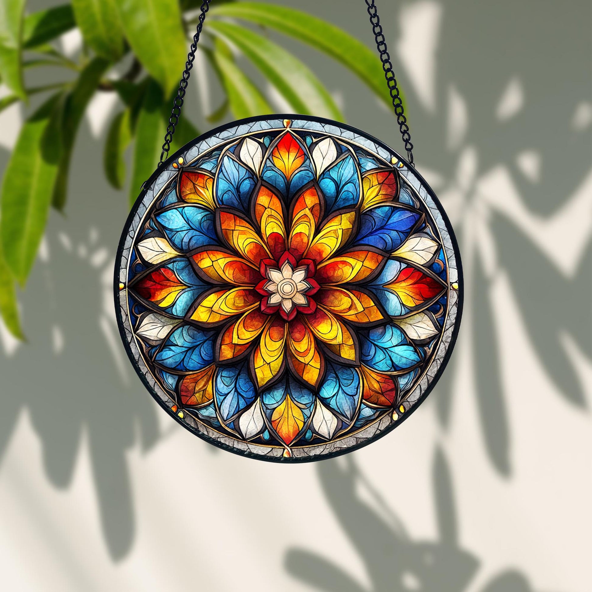 Handmade Mandala Suncatcher_ Painted Stained Glass Window Decor, Stained Glass Acrylic Suncatcher, Vibrant Window Hanging Art, Colorful Light Catcher Decor, Boho Window Ornament, Unique Home Gift