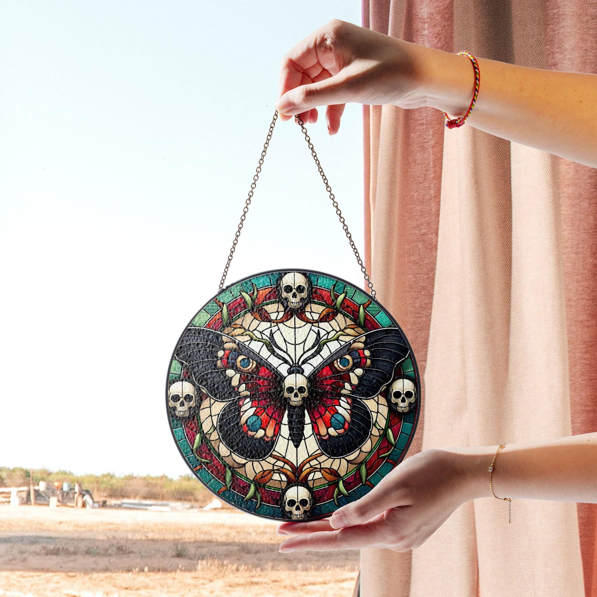 Skull Moth Stained Glass Suncatcher, Butterfly Suncatcher, Gothic Butterfly Decor for Window, Dark Art Theme, Unique Gift for Him or Her, Acrylic Stained Glass Decoration, Handmade Window Suncatcher Ornament, Boho Light Catcher Gift