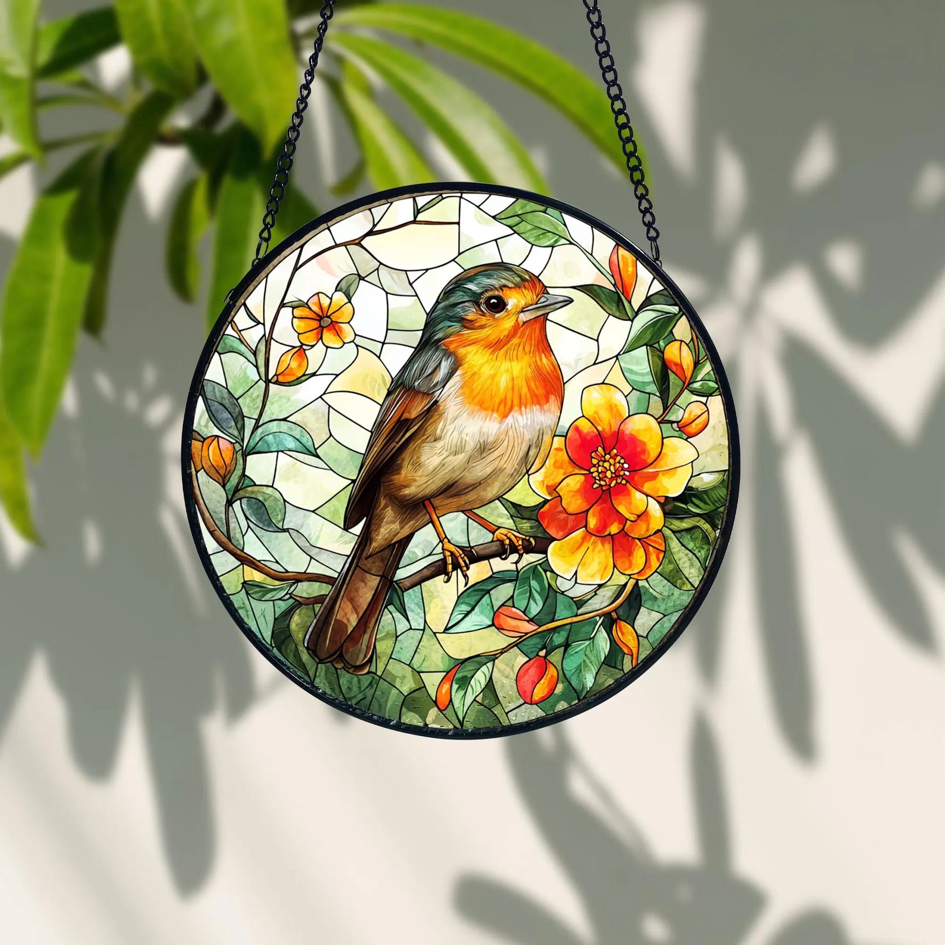 Robin Bird Stained Glass Suncatcher_ Floral Window Hanging, Artistic Stained Glass Acrylic Panel, Window Light Catcher Hanging, Colorful Home Decor Accent, Handmade Gift for Any Occasion