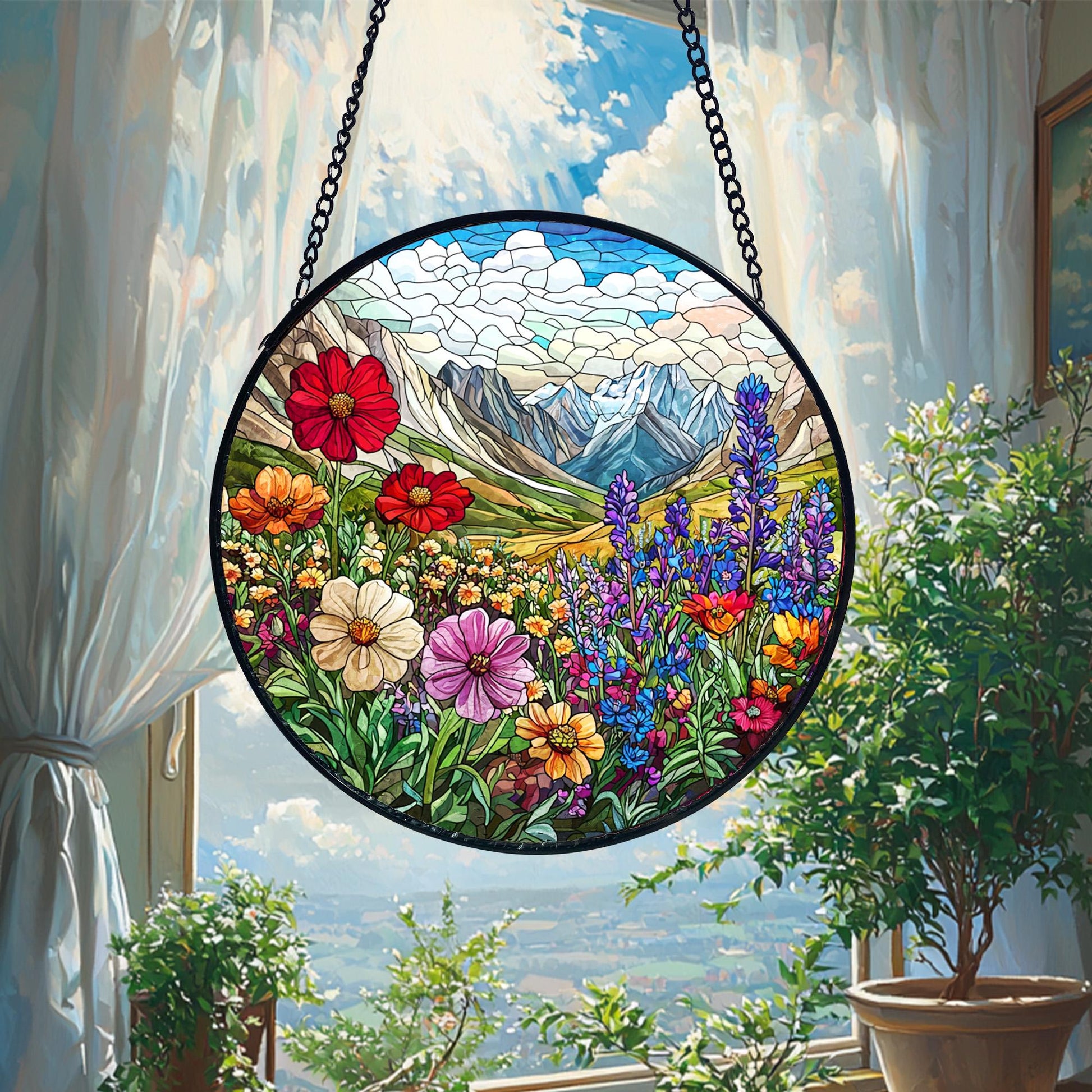Handmade Stained Glass Wildflower Suncatcher_ Mountain Meadow Window Art, Handcrafted Stained Glass Suncatcher, Vibrant Window Art Panel, Sunlit Light Catcher Decoration, Boho Room Decor, Gift for Home Lovers