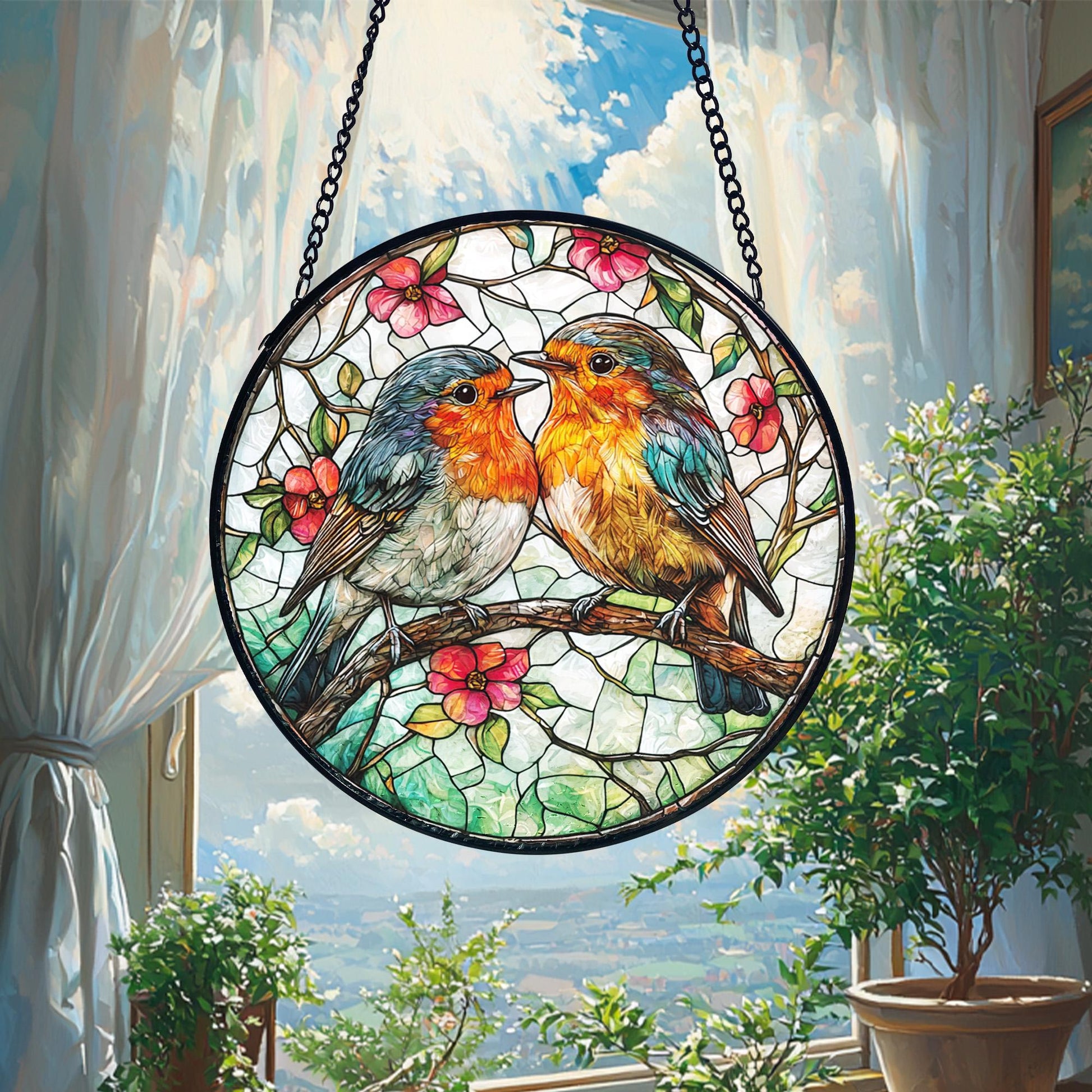 Robin Couple Stained Glass Suncatcher_ Romantic Bird Window Hanging, Artistic Stained Glass Acrylic Panel, Window Light Catcher Hanging, Colorful Home Decor Accent, Handmade Gift for Any Occasion