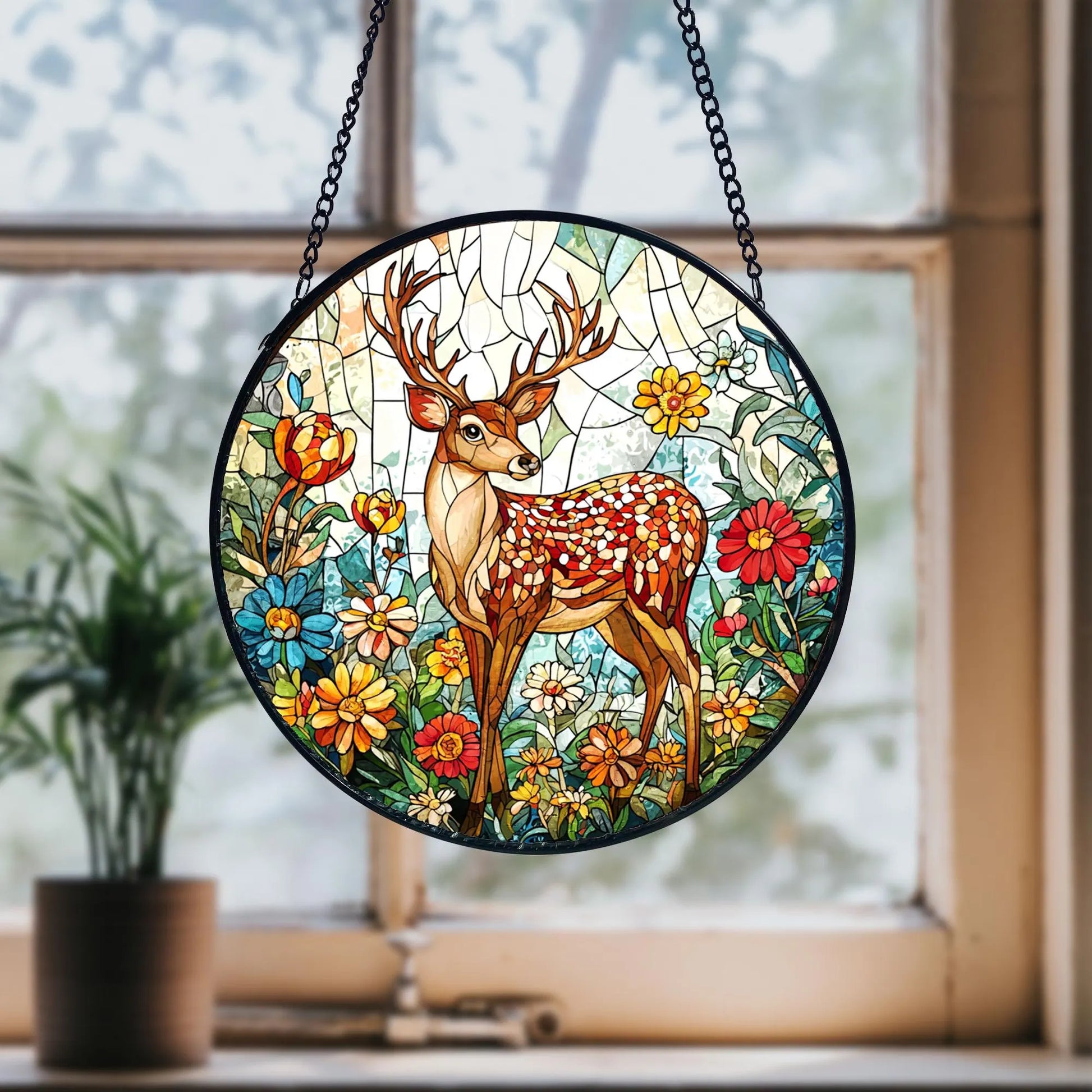 Deer Stained Glass Suncatcher_ Floral Window Hanging, Colorful Sun Catcher Ornament, Boho Window Decoration, Unique Gift