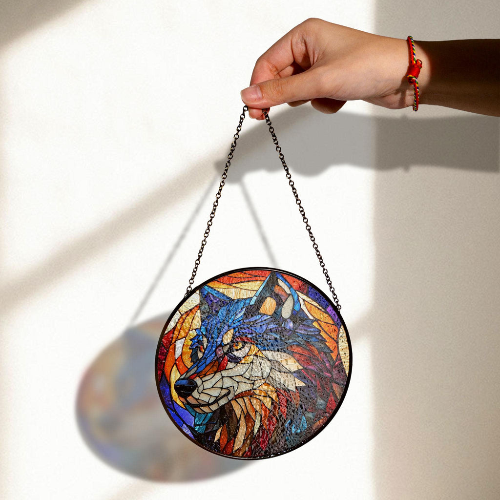 Stained Glass Wolf - Vibrant Wildlife Window Decor, Decorative Stained Glass Style Suncatcher, Acrylic Window Art Panel, Sun Catcher Hanging Ornament, Unique Home Accent, andmade Home Decoration