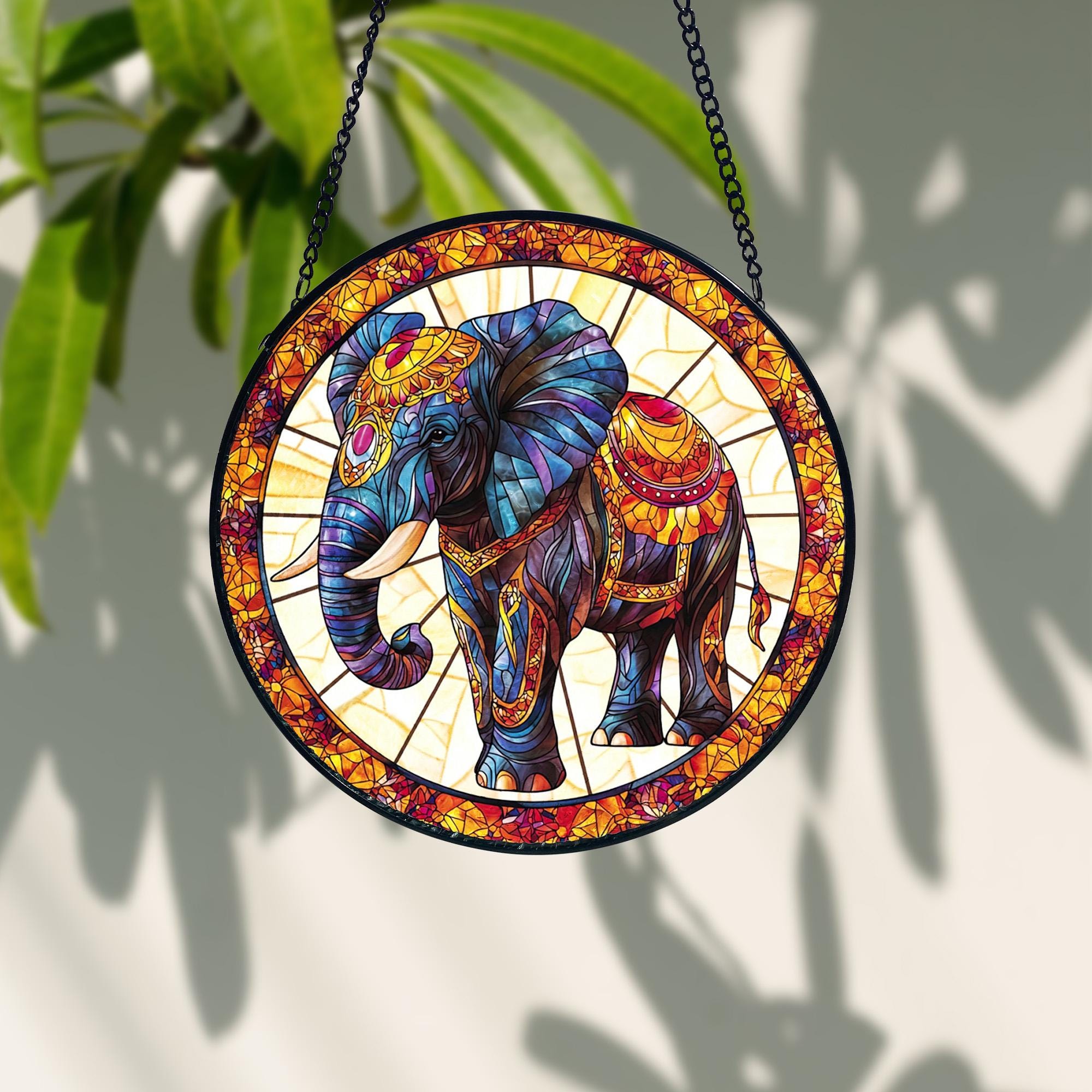 Handcrafted Elephant Stained Glass Suncatcher_ Window Hanging Decor, Stained Glass Style Window Hanging Colorful Sun Catcher Ornament, Boho Window Decoration, Unique Gift