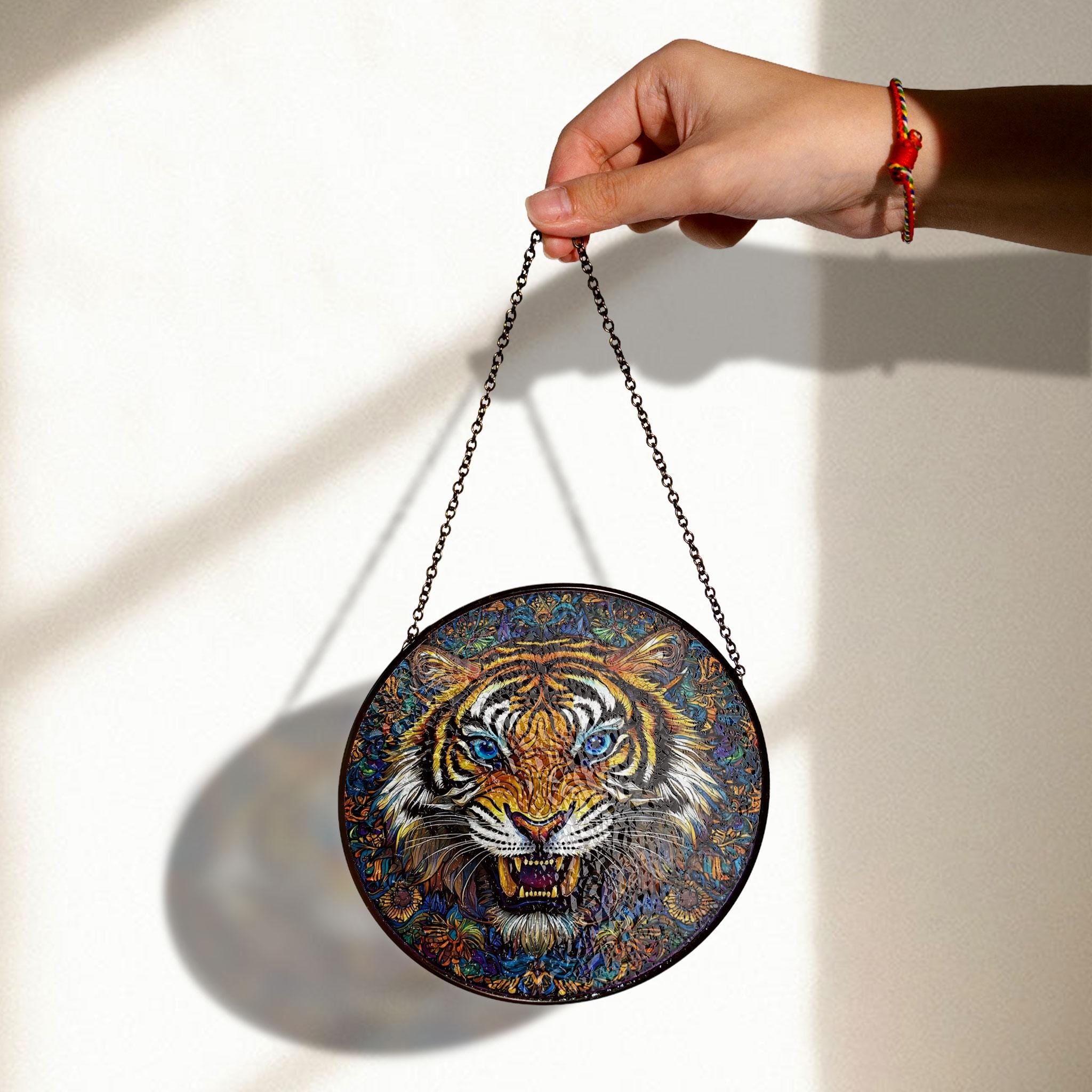 Vibrant Tiger Stained Glass Window Hanging - Wildlife Art Decor, Decorative Stained Glass Style Suncatcher, Acrylic Window Art Panel, Sun Catcher Hanging Ornament, Unique Home Accent, andmade Home Decoration