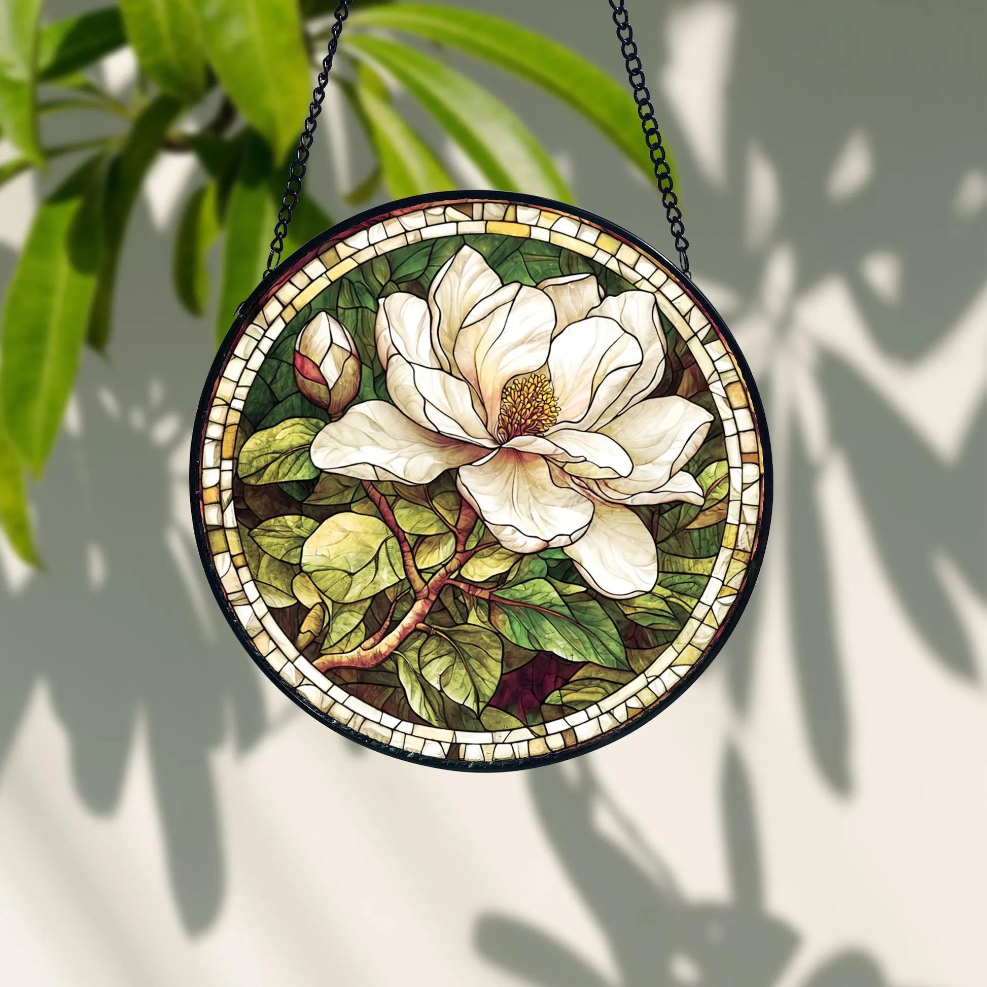 White Magnolia Stained Glass Suncatcher_ Handmade Floral Window Hanging, Decorative Stained Glass Style Suncatcher, Acrylic Window Art Panel, Sun Catcher Hanging Ornament, Unique Home Accent, andmade Home Decoration