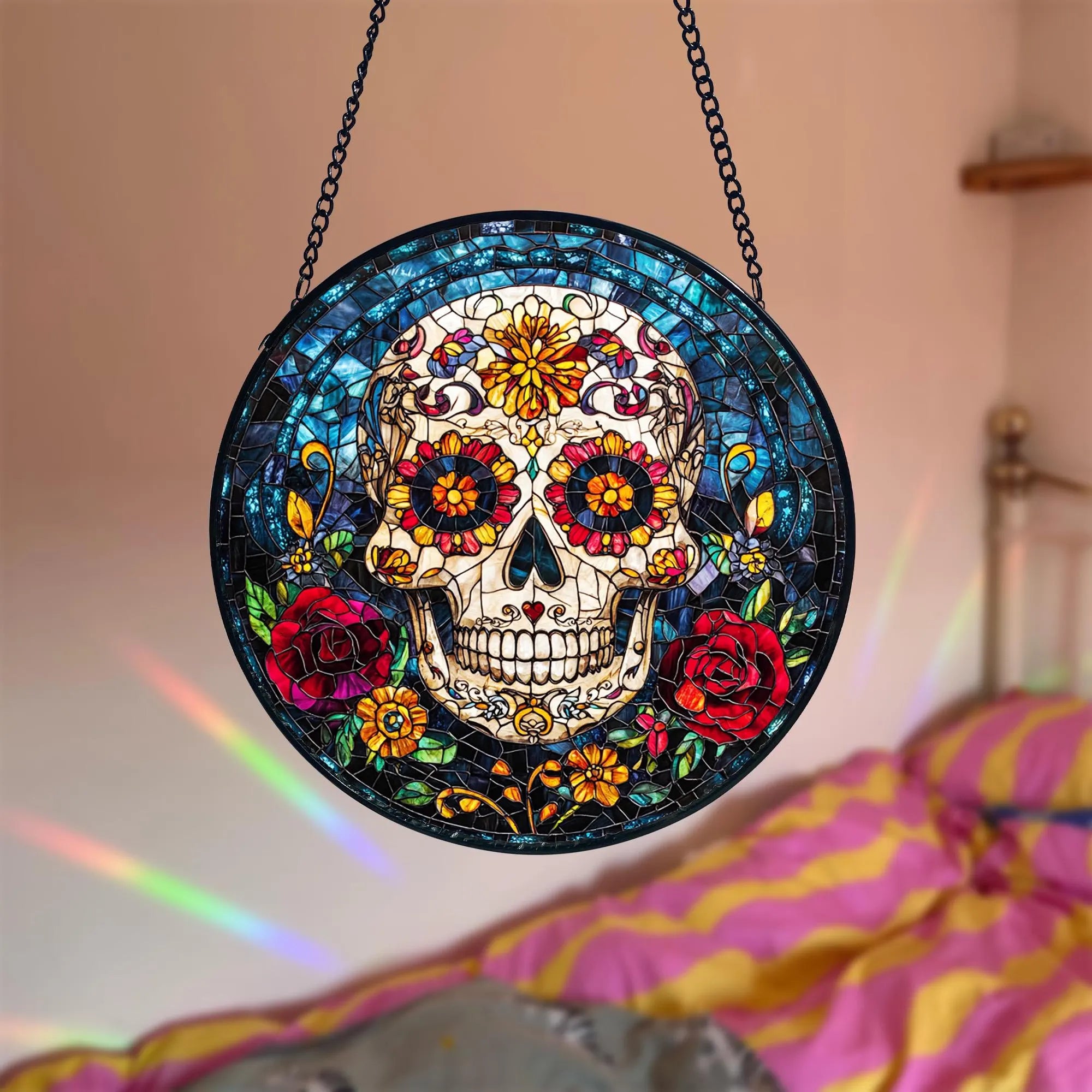 Stained Glass Style Sugar Skull Ornament, Sugar Skull Acrylic Window Hanging, Colorful Day of the Dead Decor, Sugar Skull Suncatcher Gifts, Acrylic Stained Glass Clover Suncatcher, Lucky Window Hanging, Boho Green Ornament, Unique Artisan Home Decor