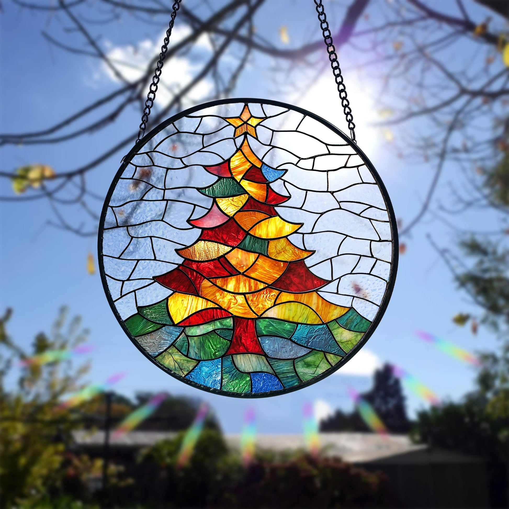 Stained Glass Christmas Tree Suncatcher_ Holiday Window Decor, Stained Glass Style Clover Suncatcher, Acrylic Window Hanging Decor, Four Leaf Lucky Ornament, Green Sun Catcher Panel, Unique Home Gift
