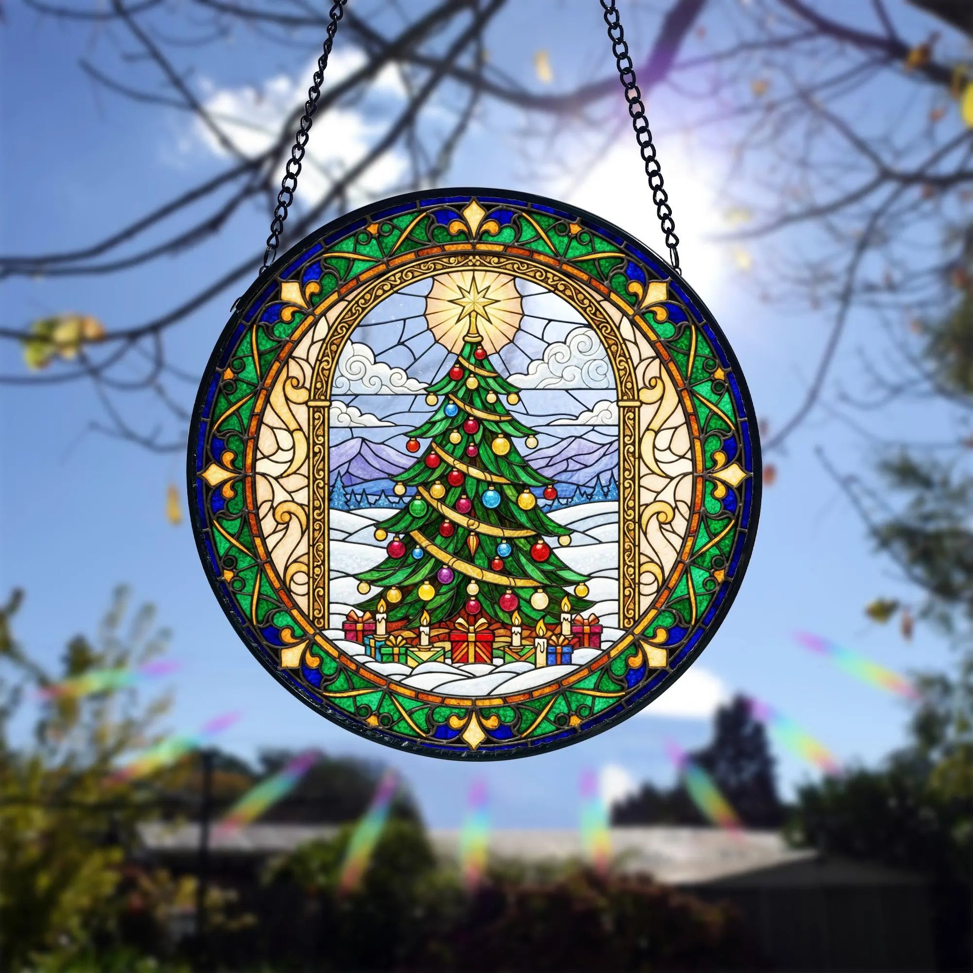 Stained Glass Christmas Tree Suncatcher_ Cathedral Window Holiday Decor, Stained Glass Style Clover Suncatcher, Acrylic Window Hanging Decor, Four Leaf Lucky Ornament, Green Sun Catcher Panel, Unique Home Gift