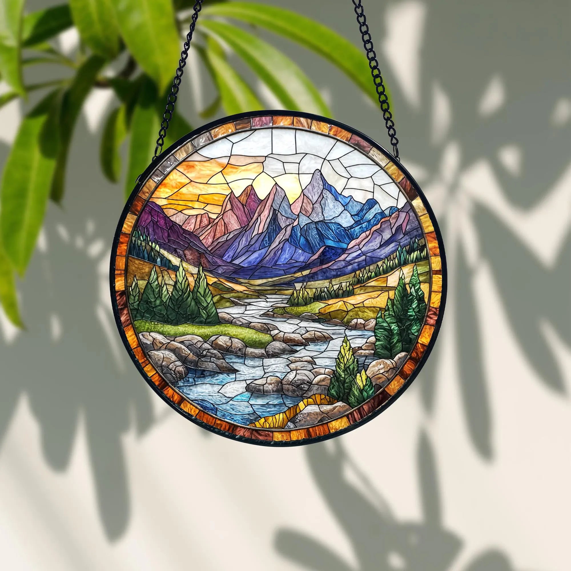 Mountain River Stained Glass Suncatcher_ Handmade Nature Decor, Artistic Stained Glass Acrylic Panel, Window Light Catcher Hanging, Colorful Home Decor Accent, Handmade Gift for Any Occasion