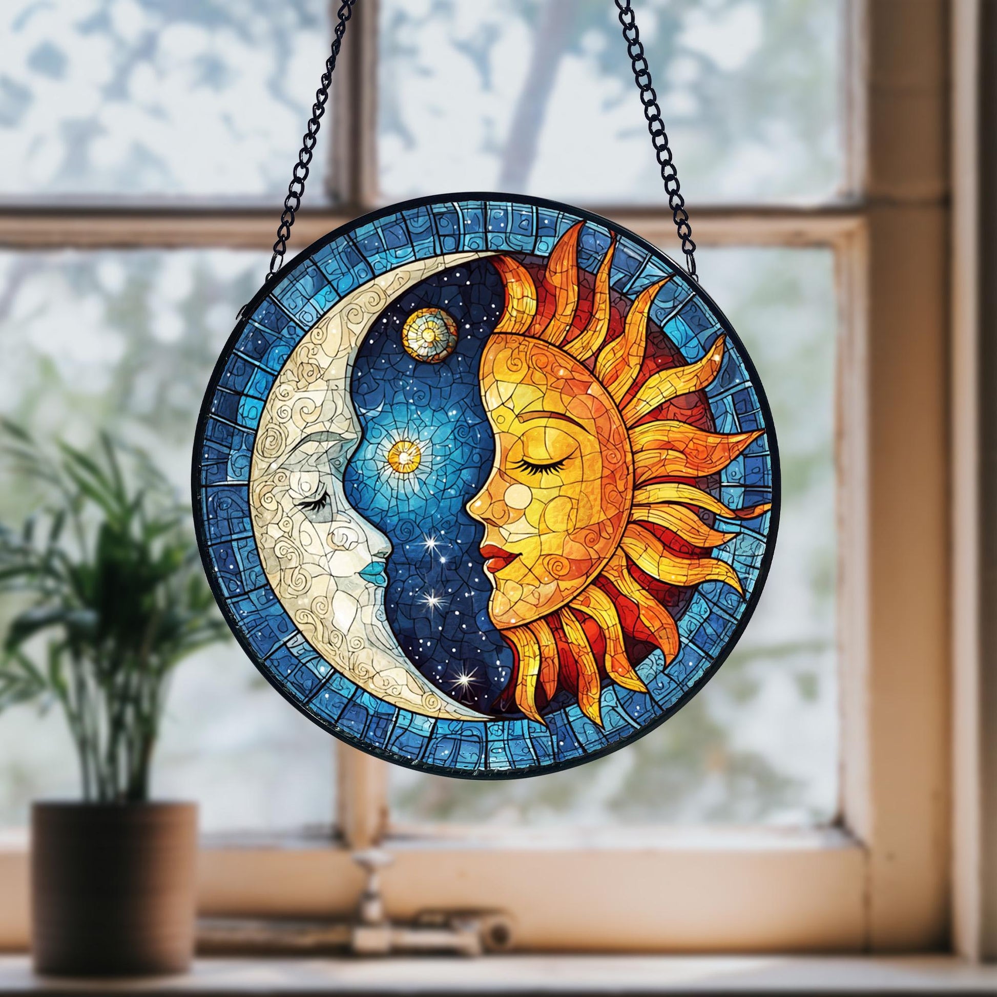 Handmade Stained Glass Sun and Moon Suncatcher_ Celestial Window Hanging, Stained Glass Acrylic Suncatcher, Vibrant Window Hanging Art, Colorful Light Catcher Decor, Boho Window Ornament, Unique Home Gift