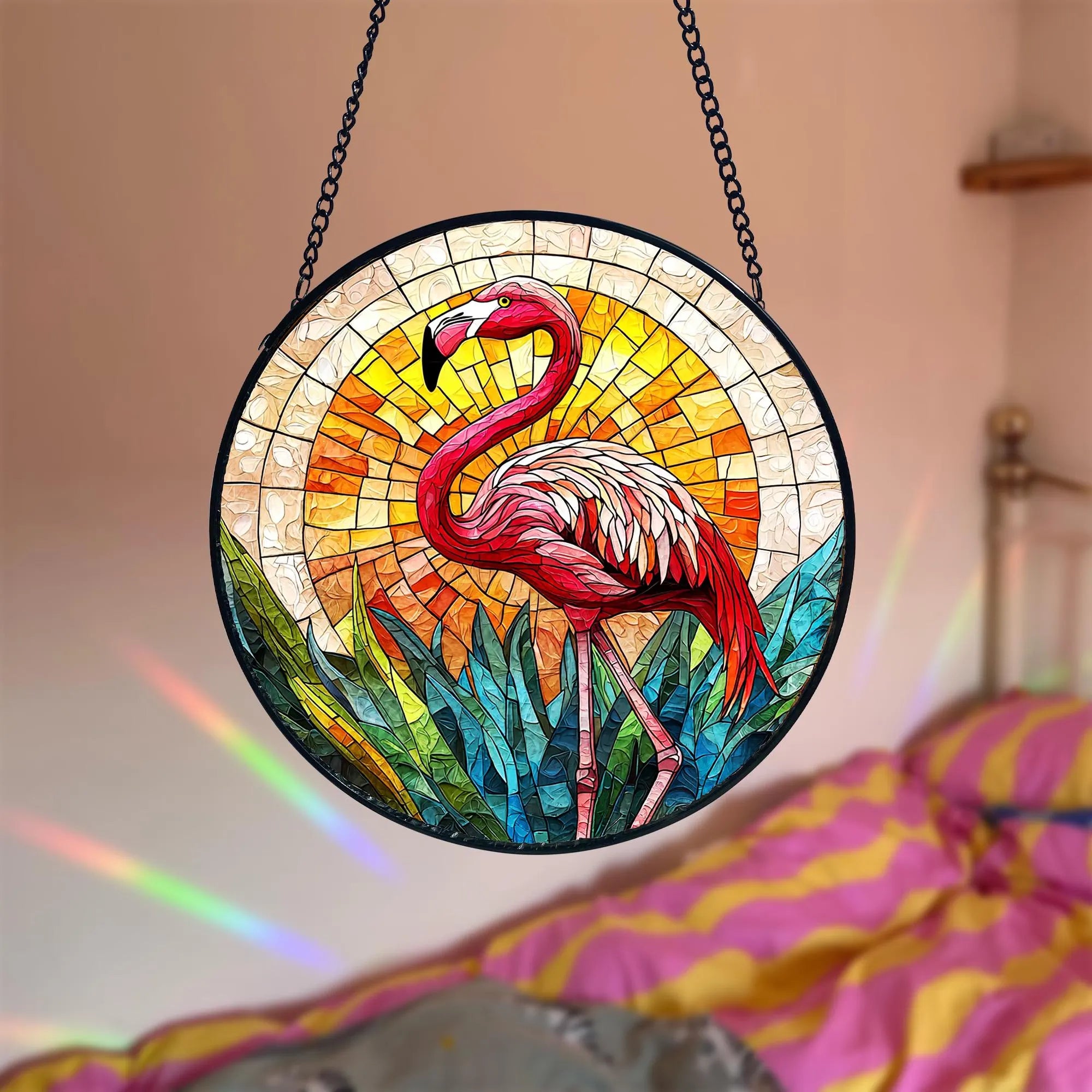 Handcrafted Flamingo Stained Glass Suncatcher_ Tropical Home Decor, Stained Glass Style Window Hanging Colorful Sun Catcher Ornament, Boho Window Decoration, Unique Gift
