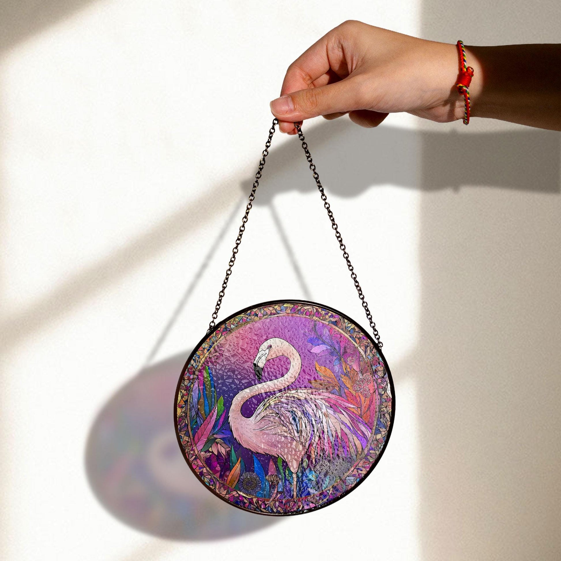 Stunning Pink Flamingo Stained Glass Window Panel With Vibrant Floral Design for Tropical Home Decor, Stained Glass Inspired Suncatcher, Acrylic Window Hanging Art, Colorful Light Catcher, Handmade Gift for Home
