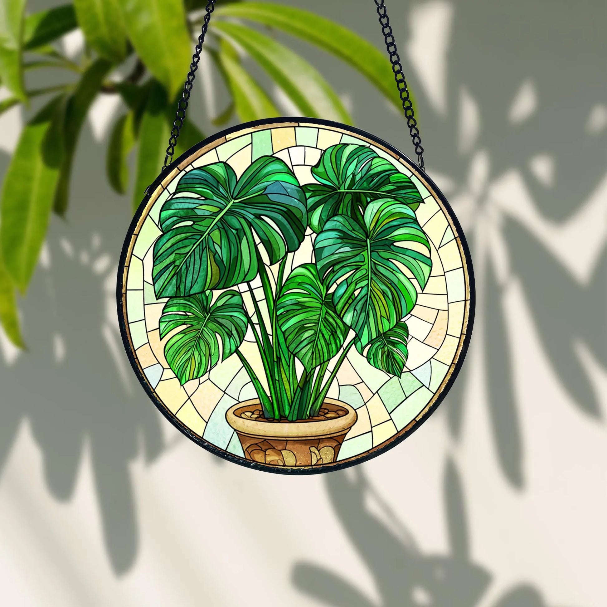 Handmade Stained Glass Monstera Suncatcher_ Botanical Window Hanging, Handcrafted Stained Glass Suncatcher, Vibrant Window Art Panel, Sunlit Light Catcher Decoration, Boho Room Decor, Gift for Home Lovers