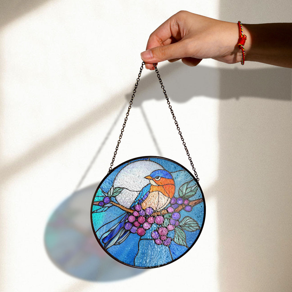 Stained Glass Bluebird and Berries Suncatcher – Nature-inspired Window Hanging Art With Vibrant Colors, Colorful Stained Glass Effect Suncatcher, Acrylic Window Hanging Art, Bright Home Accent, Gift for Home Lovers
