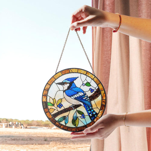 Blue Jay Stained Glass Suncatcher, Vibrant Bird Art for Window, Nature Theme Decor, Birdwatcher Gift, Wildlife Lover Present,bird Lover Gift, Acrylic Hanging Sun Catcher for Windows, Stained Glass Look Decor, Artistic Home Accent