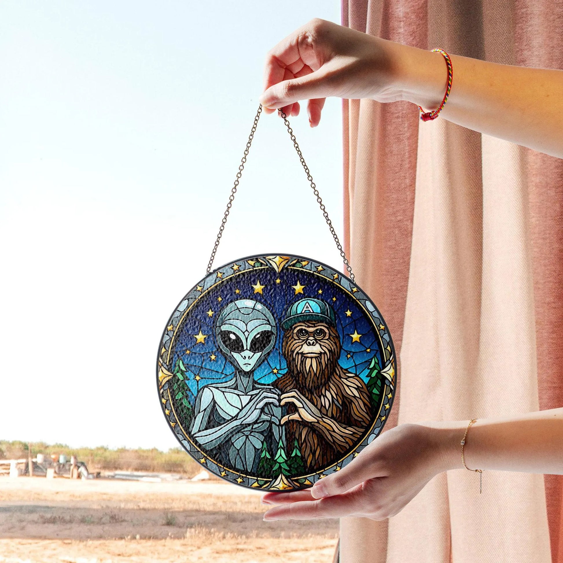 Alien and Bigfoot Stained Glass Suncatcher, Funny Friendship Decor, Space Forest Theme, Gift for Cryptid Lovers, Gift for Friend, Stained Glass Style Acrylic Window Ornament, Decorative Sun Catcher Hanging, Unique Home Decor