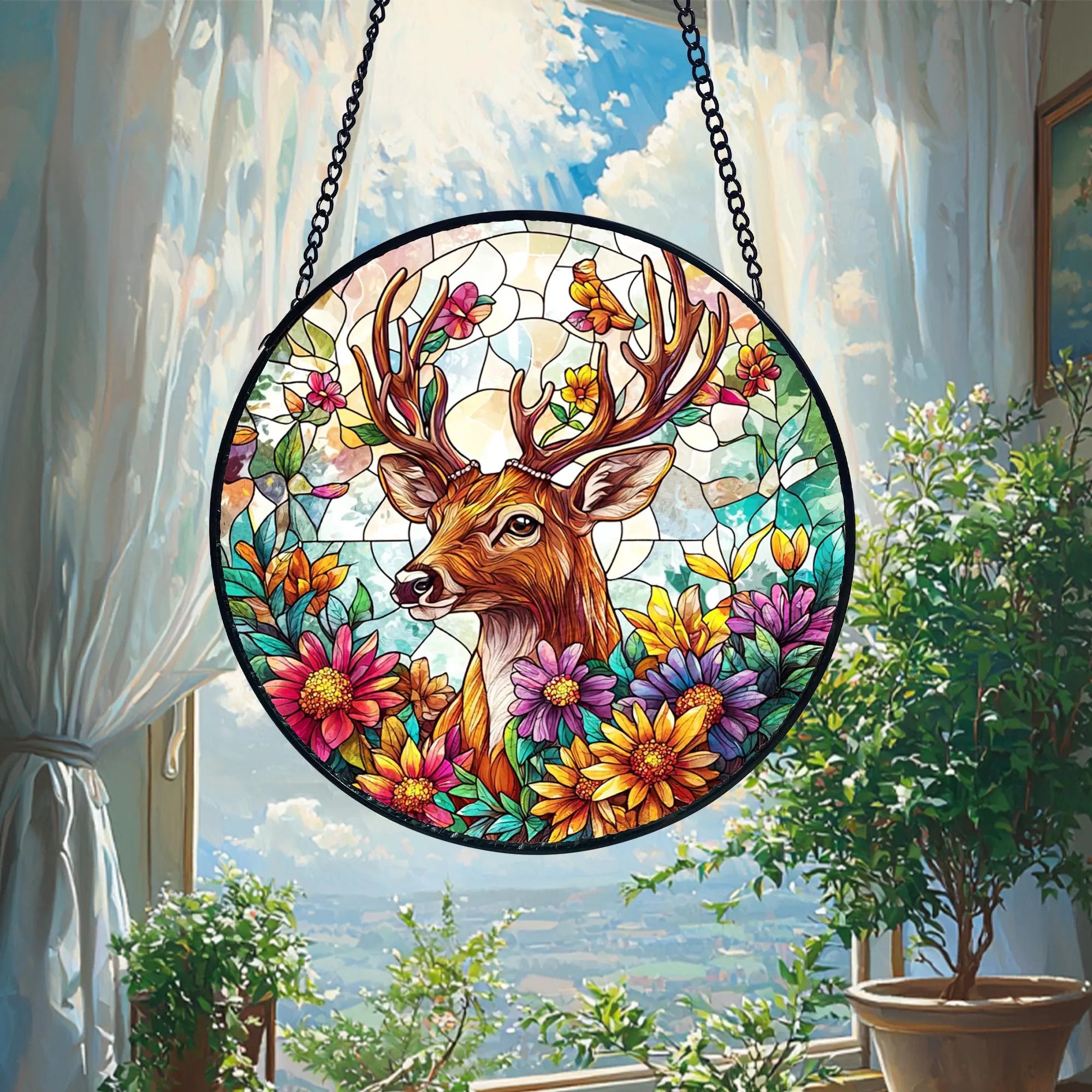 Deer Stained Glass Suncatcher_ Handcrafted Wildlife Window Hanging, Colorful Sun Catcher Ornament, Boho Window Decoration, Unique Gift