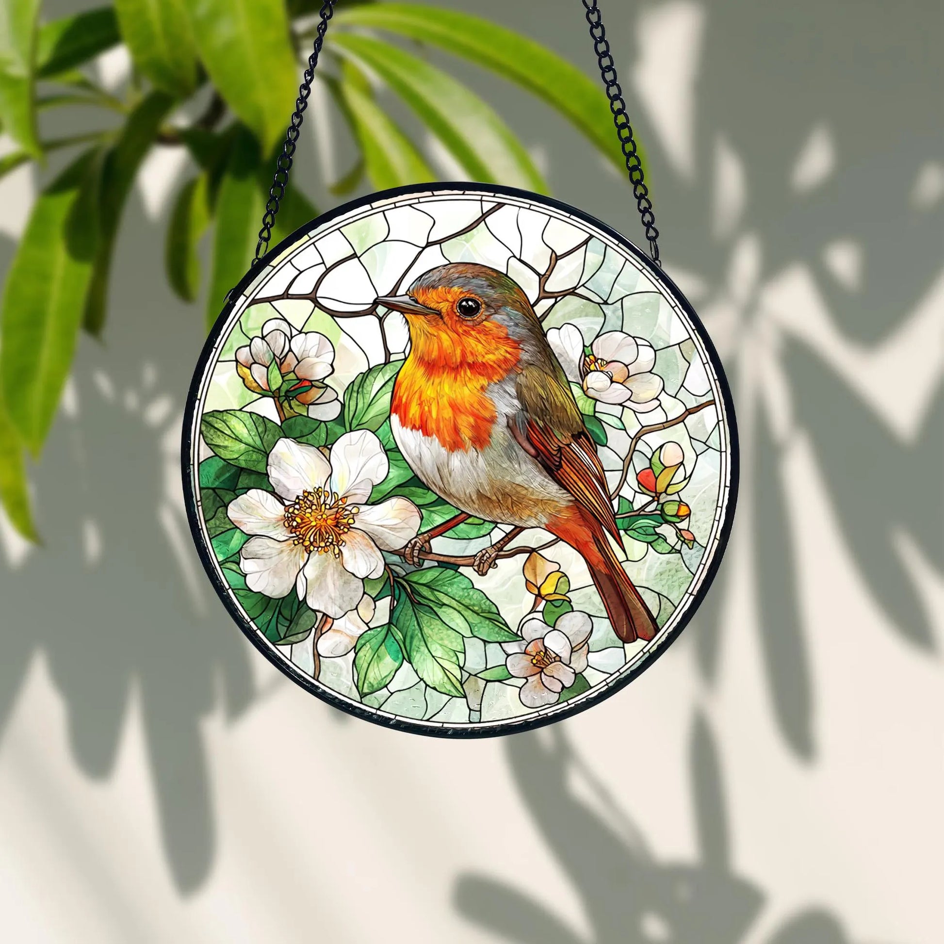Robin Bird Stained Glass Suncatcher_ Window Hanging Decor, Artistic Stained Glass Acrylic Panel, Window Light Catcher Hanging, Colorful Home Decor Accent, Handmade Gift for Any Occasion